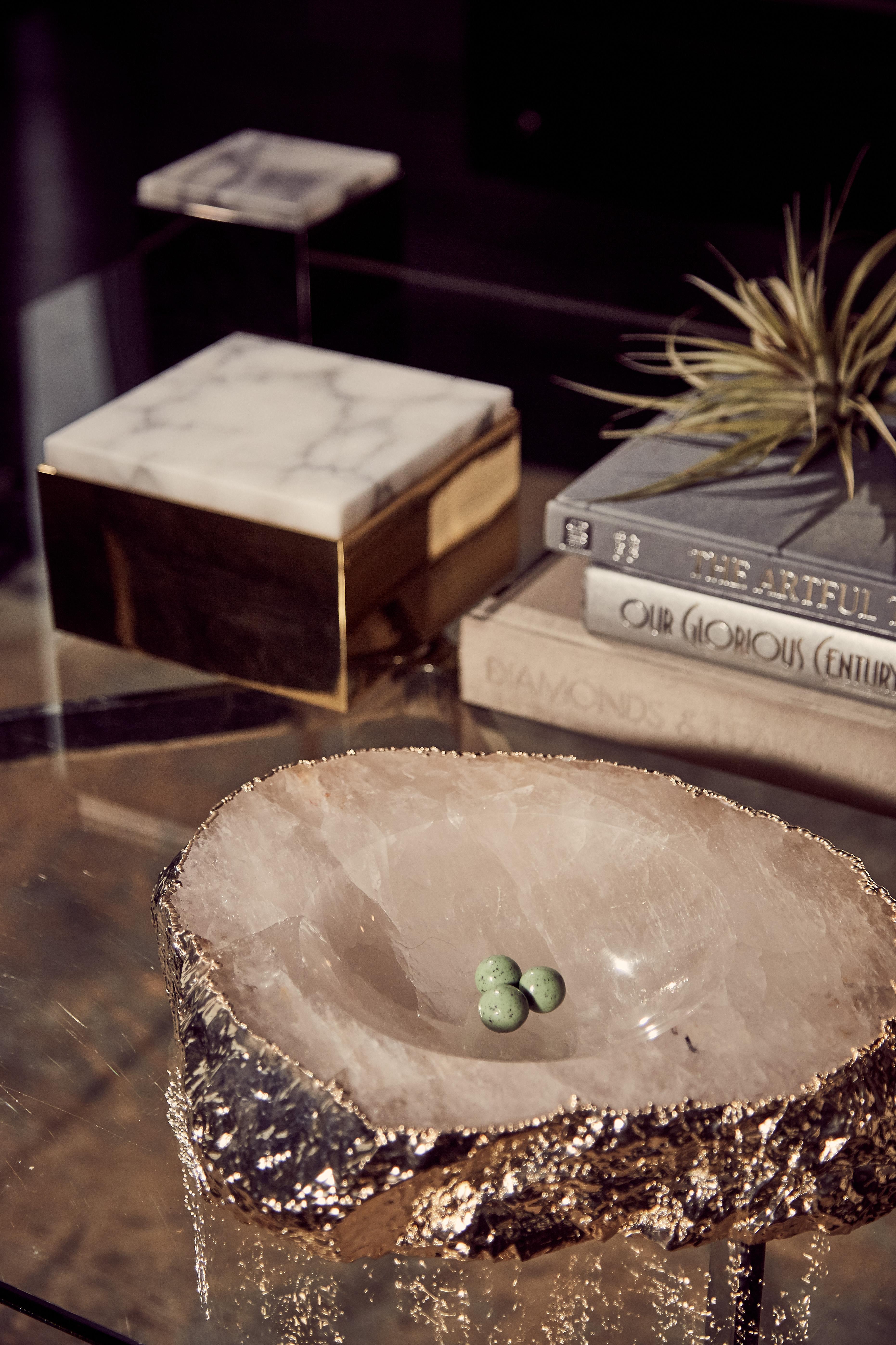 The Casca Gemstone bowl is known for making chocolates, mints, nuts, (and even skittles) look good. We carve them from the most premium semi-precious gemstones, thought to bring calmness to your home, and add pure silver on the edges. Each bowl is