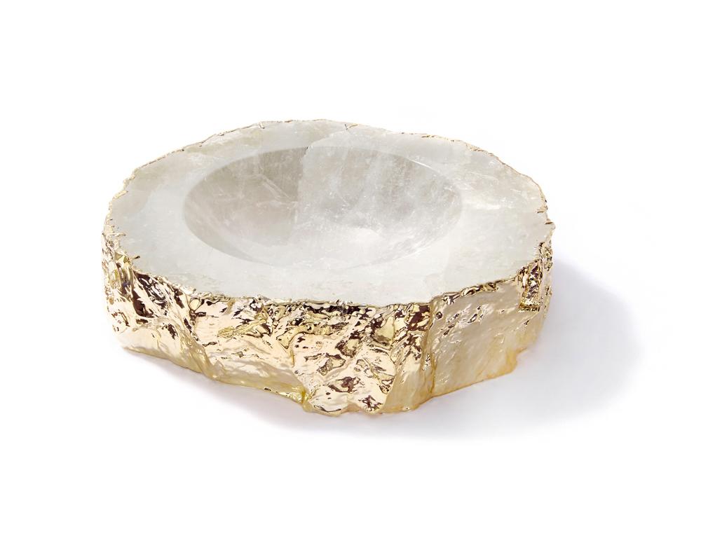 This hand carved, solid semi-precious crystal quartz bowl is drenched in electroplated 24-karat gold. It is substantial and authentic, designed to last a lifetime.
 