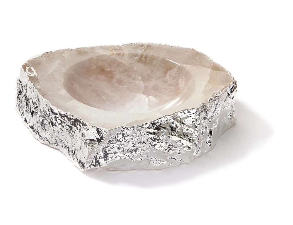 This hand carved, solid semi-precious crystal quartz bowl is drenched in electroplated pure silver. It is substantial and authentic, designed to last a lifetime.
 