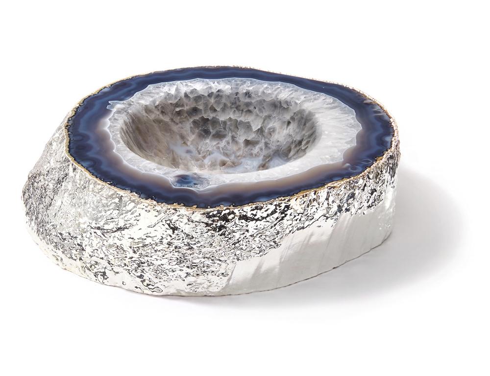 This hand carved, solid semi-precious natural agate bowl is drenched in electroplated pure silver. It is substantial and authentic, designed to last a lifetime.
 