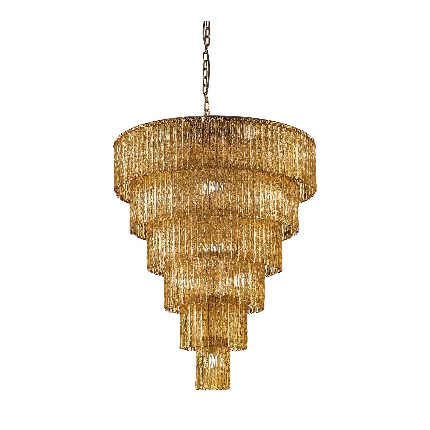 Suitable for large interiors where its majestic Silhouette can shine in all its glamour, this artistic glass chandelier will Stand out in any decor. The chrome-finished frame provides the perfect support to the 19 lights and the amber-colored