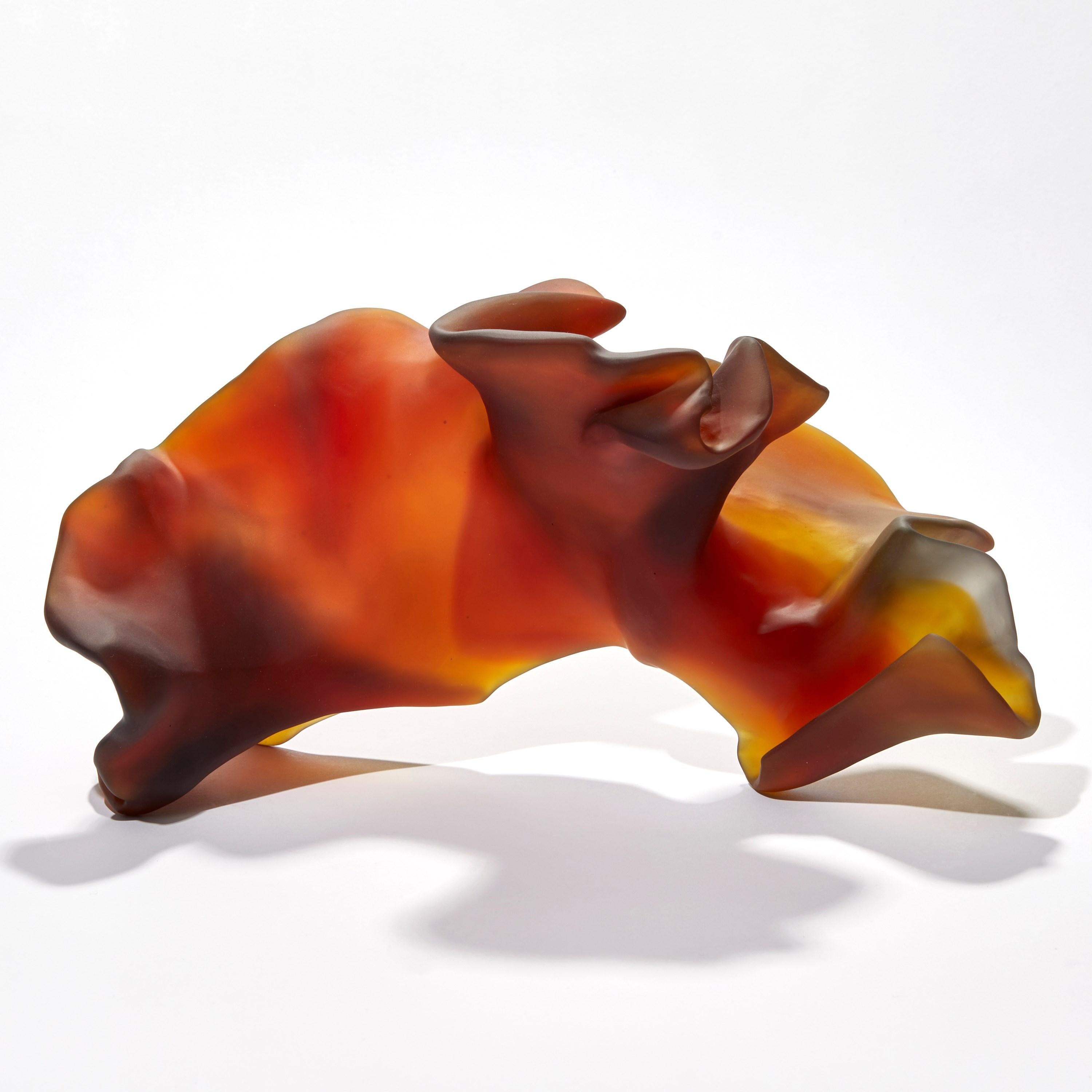 British Cascade, an Intense Dark Amber / Orange Cast Glass Sculpture by Monette Larsen