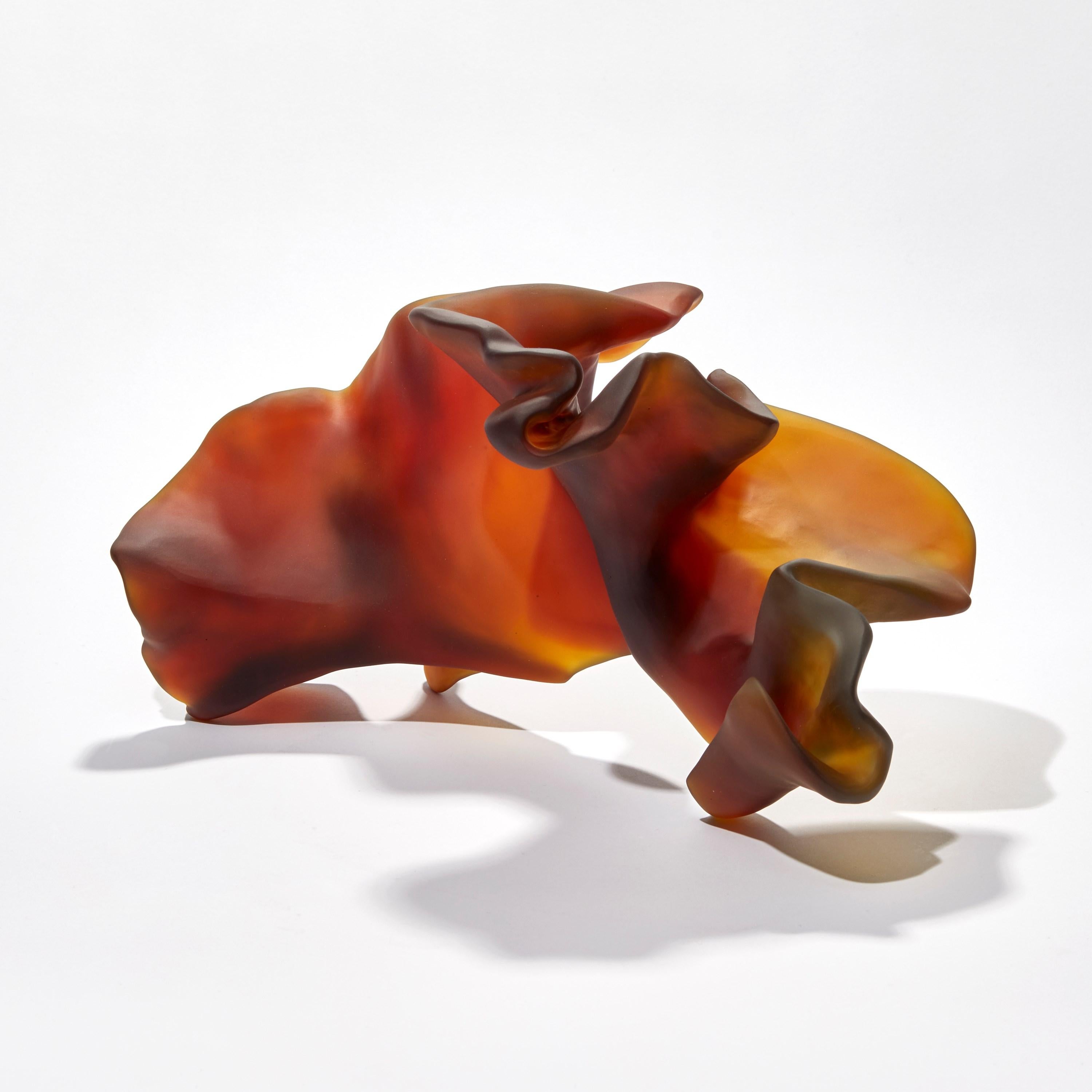 Hand-Crafted Cascade, an Intense Dark Amber / Orange Cast Glass Sculpture by Monette Larsen