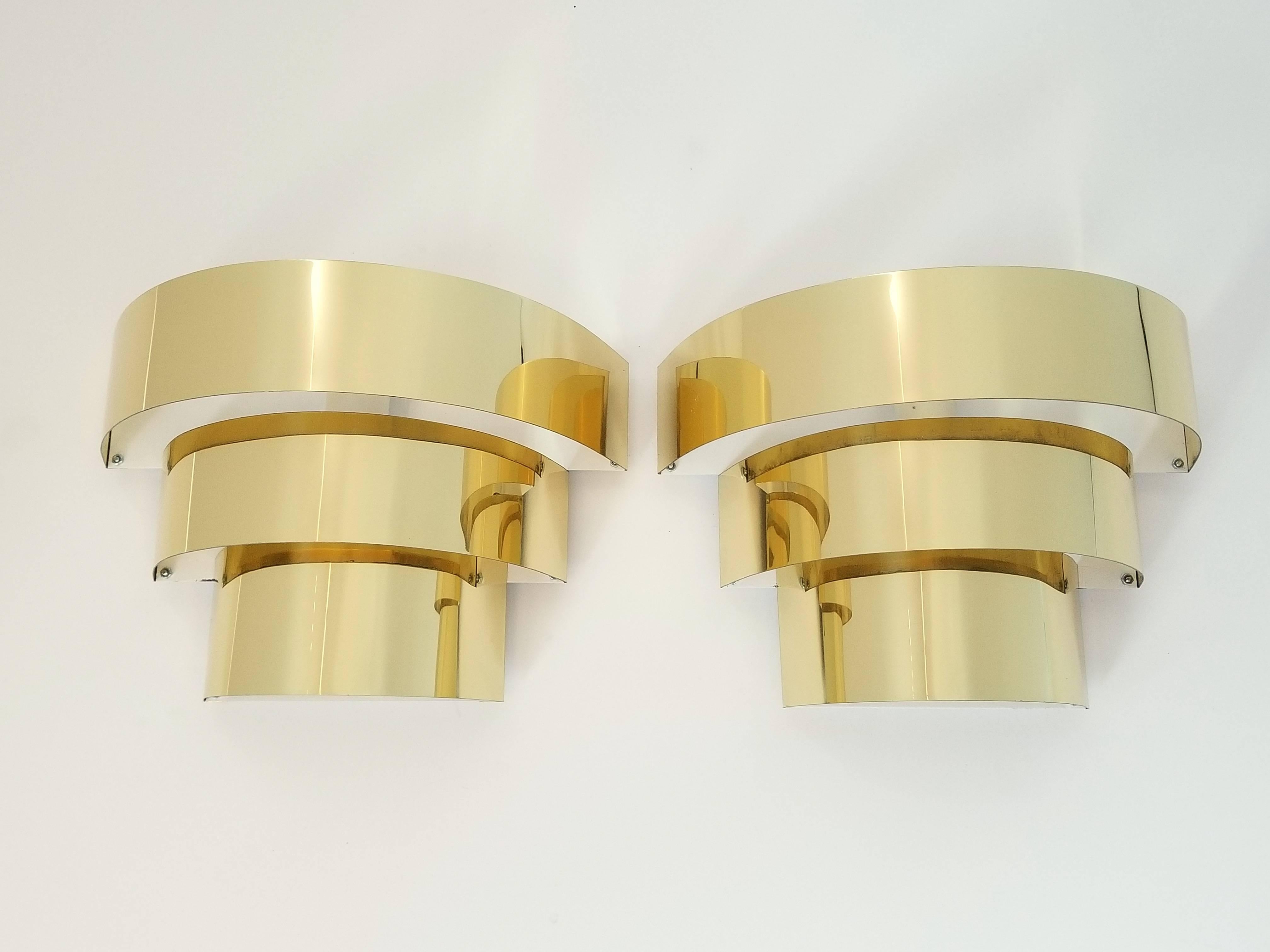 Art Deco Cascade Brass Plated Wall Sconces 1990s , USA