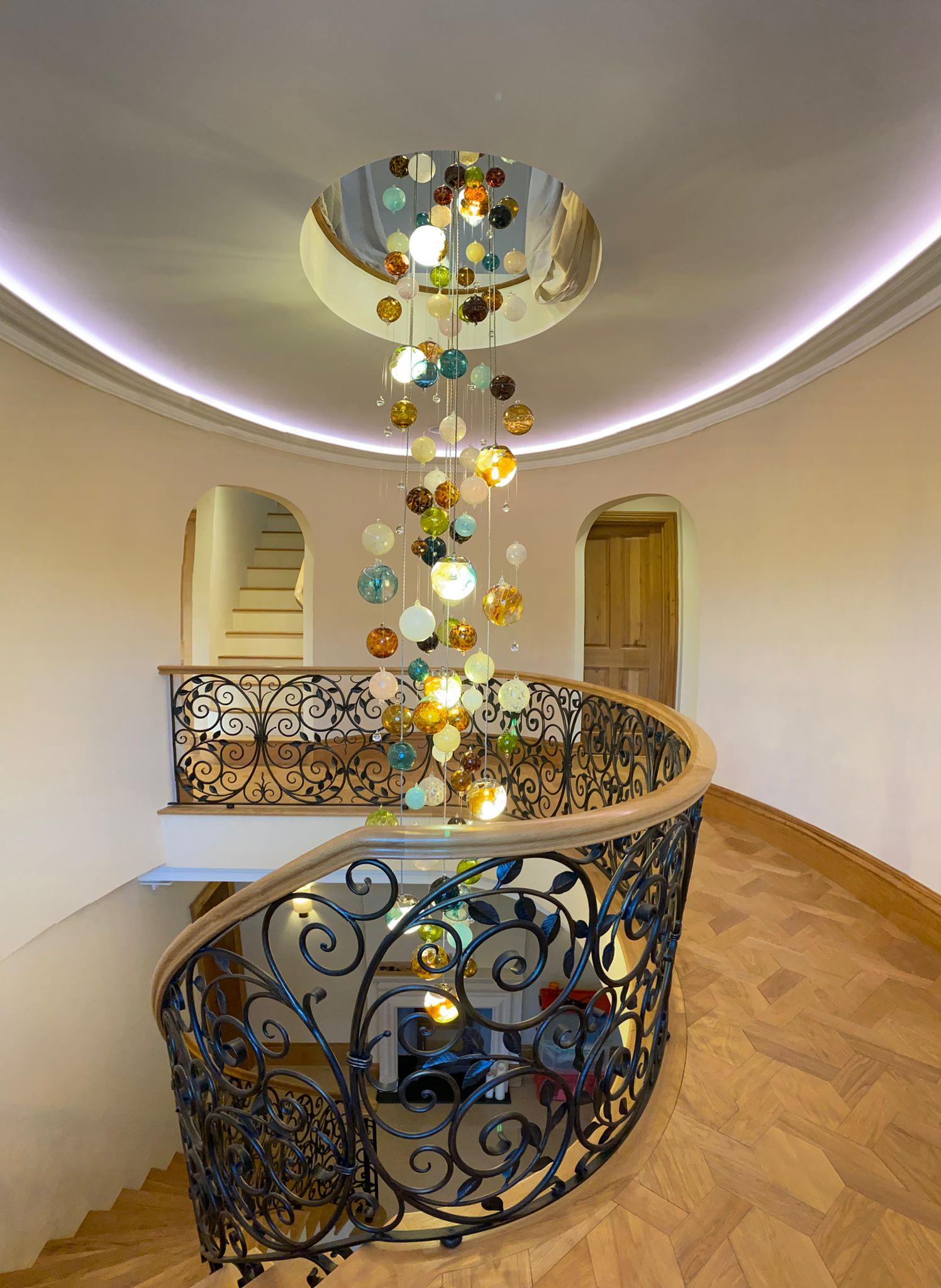 British Cascade Chandelier by Roast Featuring over 150 Individually Blown Glass Spheres For Sale