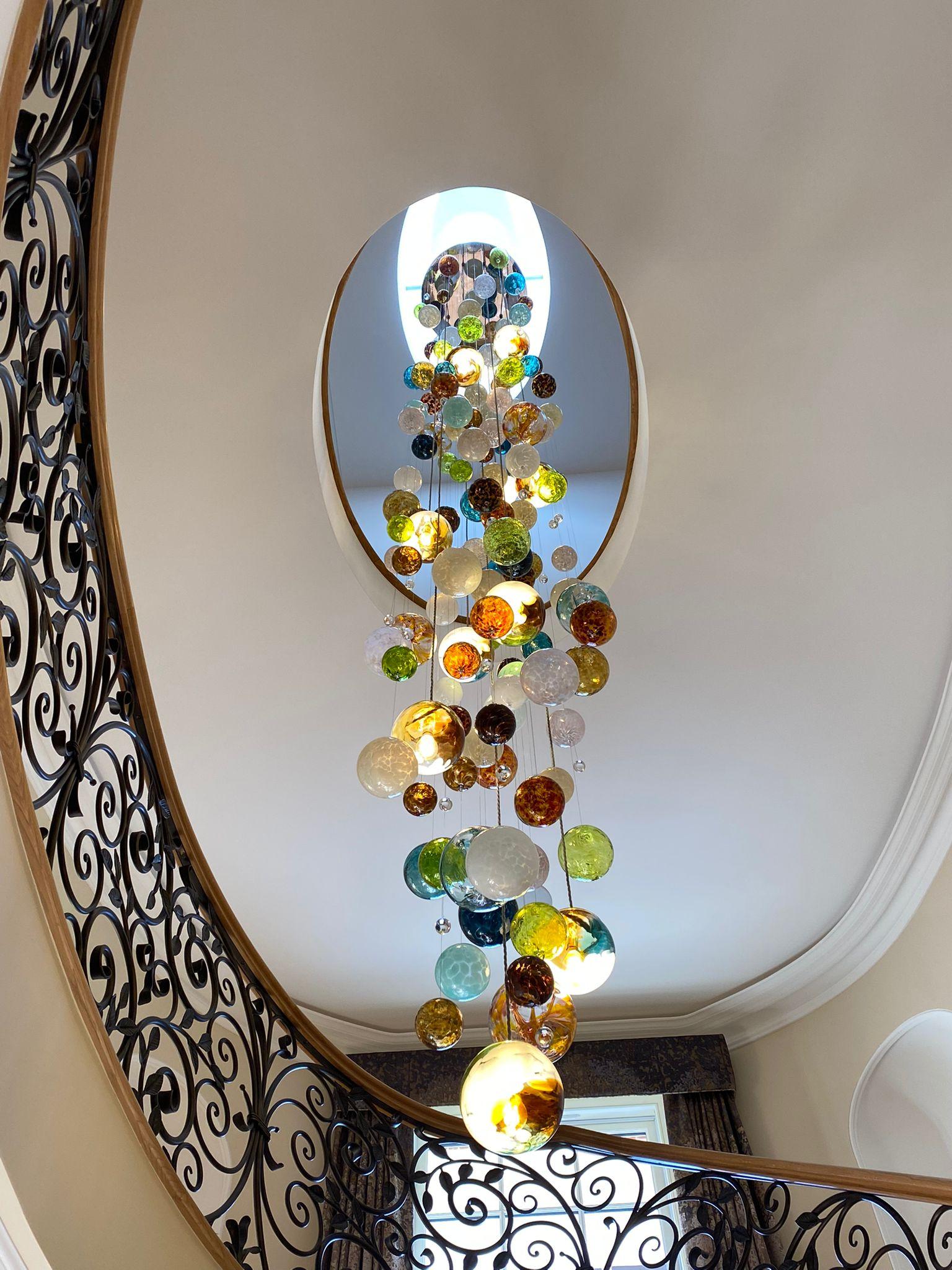 Contemporary Cascade Chandelier by Roast Featuring over 150 Individually Blown Glass Spheres For Sale
