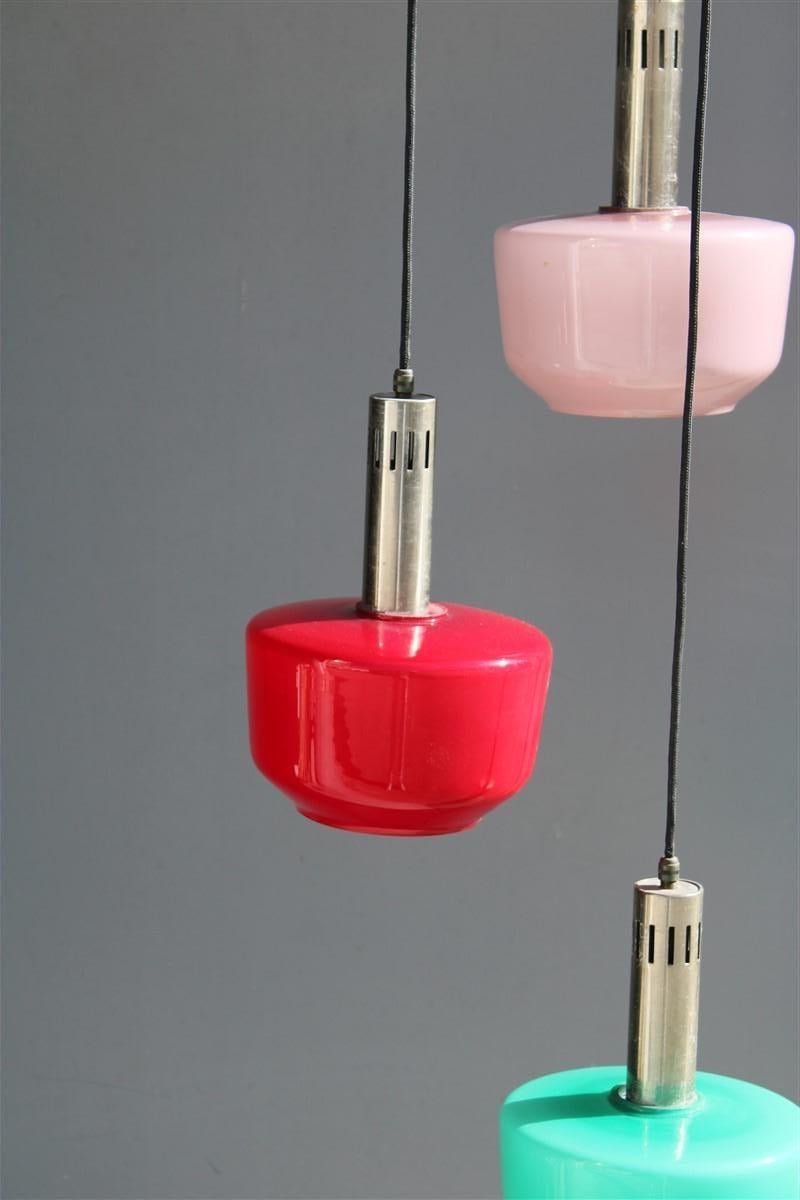 Italian Cascade Chandelier Ceiling Lamp Vistosi Red Green Pink 1950s Mid-century Italy For Sale