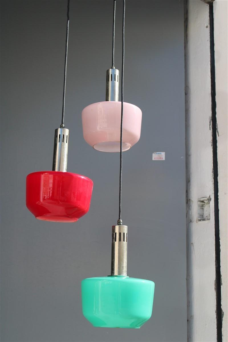 Metal Cascade Chandelier Ceiling Lamp Vistosi Red Green Pink 1950s Mid-century Italy For Sale