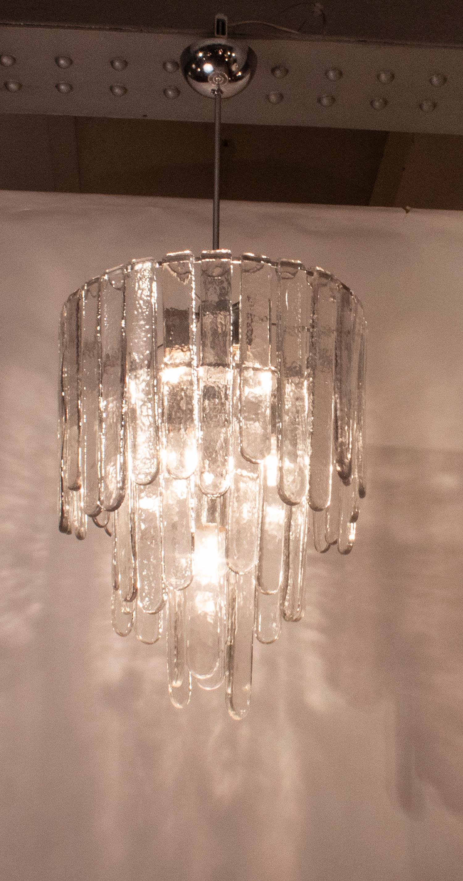 Cascade Chandelier Lamp by Carlo Nason for Mazzega, Italy, 1970's.
Transparent Murano glass.
It consists of six small screw bulbs. 
It is missing some glass, but it looks very good, you do not notice that it is missing any piece.