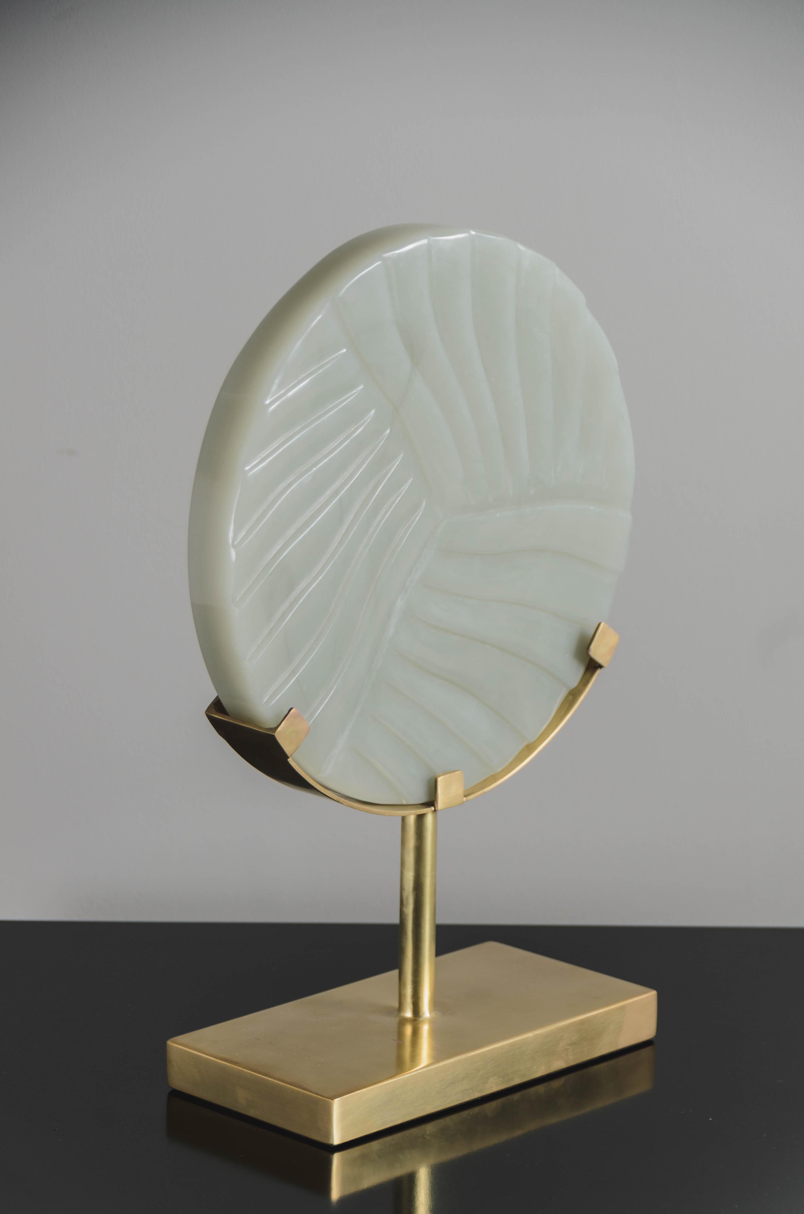 Hand-Carved Cascade Design Grey Peking Glass Disc on Stand by Robert Kuo, Limited Edition For Sale