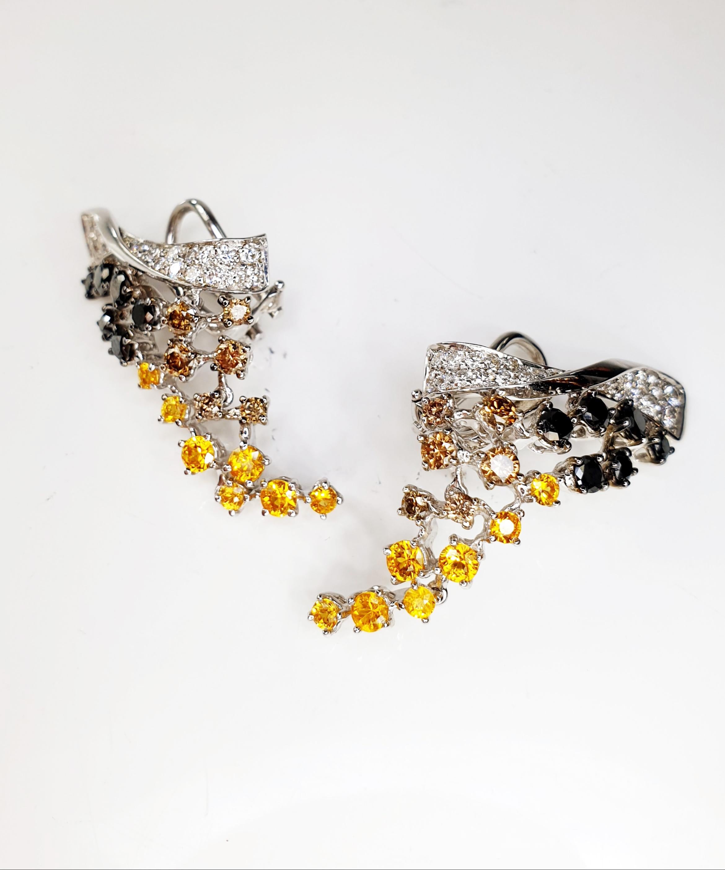 Contemporary Cascade Earrings 18 Karat White with Three Color Diamonds and Citrines
