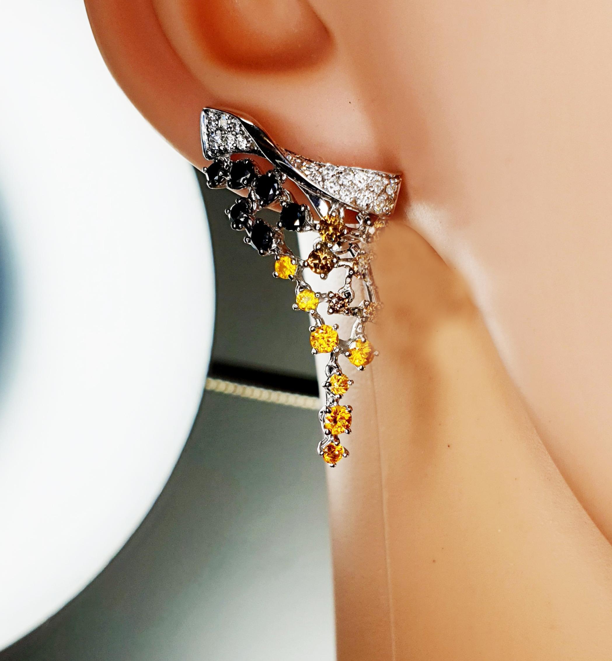 Women's or Men's Cascade Earrings 18 Karat White with Three Color Diamonds and Citrines