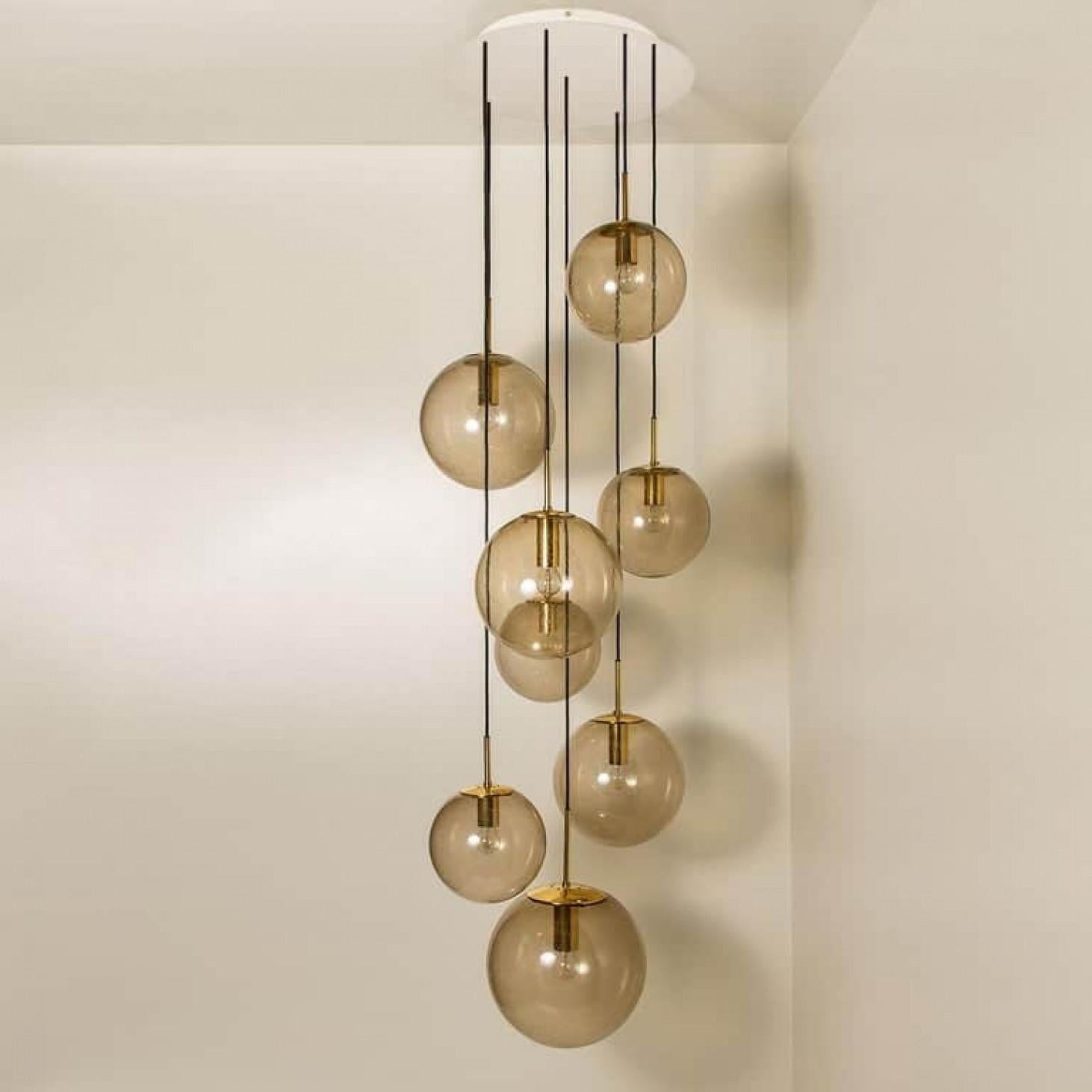 Cascade Fixture with Eight Smoked Hand Blown Globes by Glashütte, 1970s For Sale 9