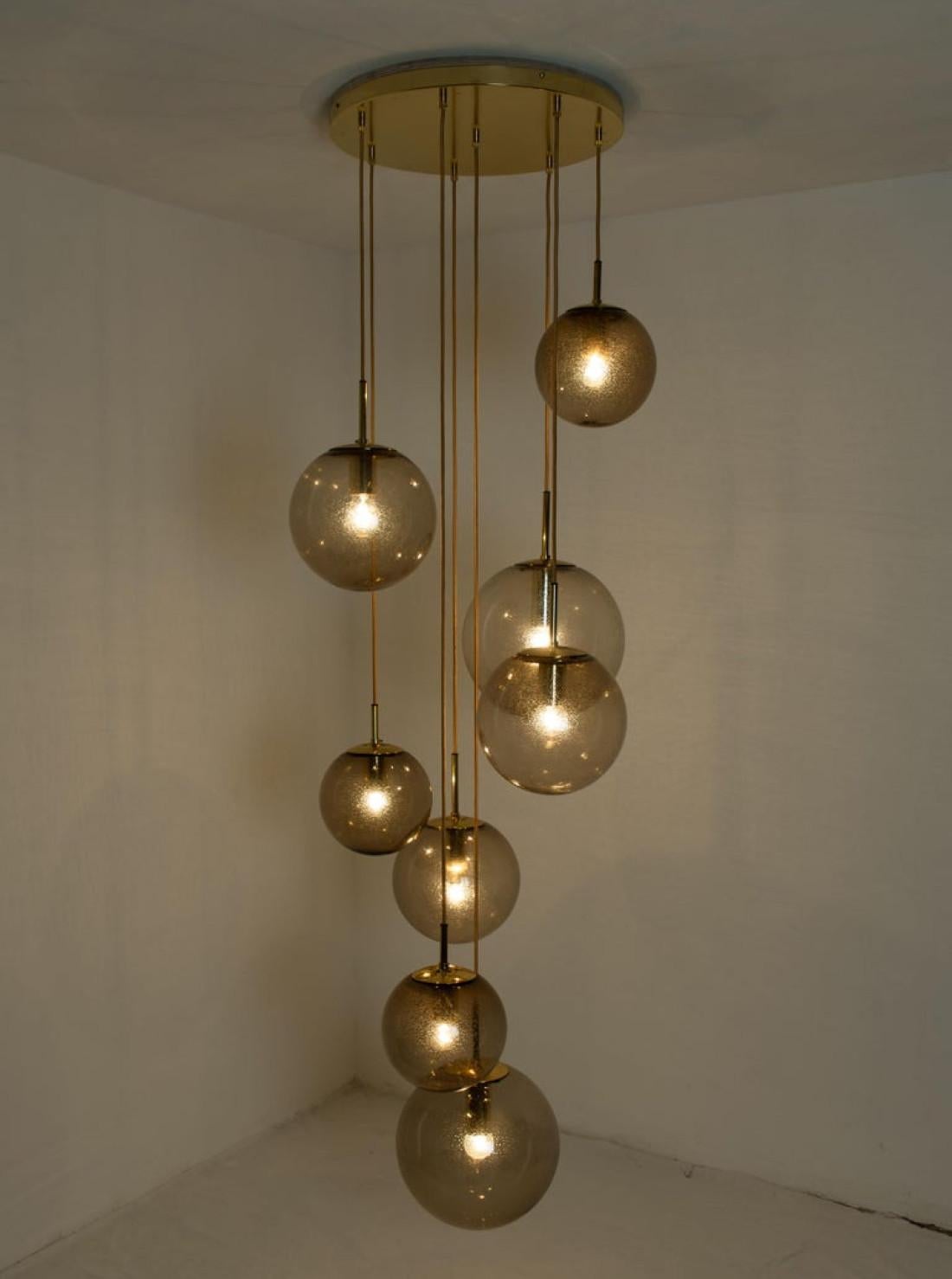 German Cascade Fixture with Eight Smoked Hand Blown Globes by Glashütte, 1970s For Sale