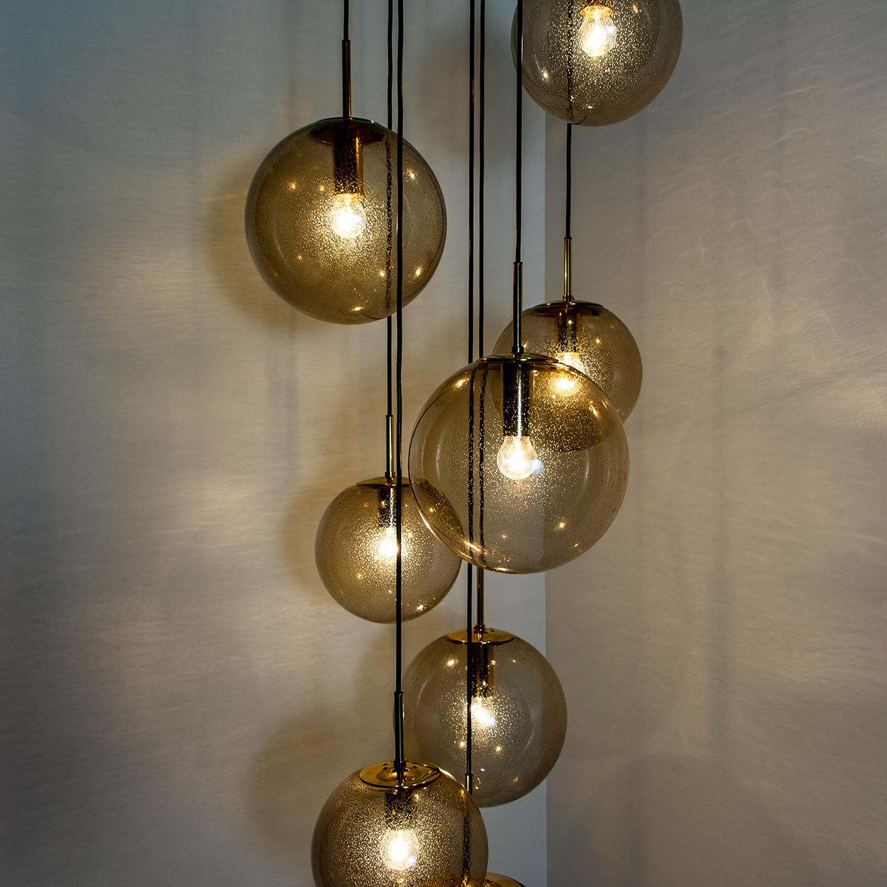Late 20th Century Cascade Fixture with Eight Smoked Hand Blown Globes by Glashütte Limburg, 1970s