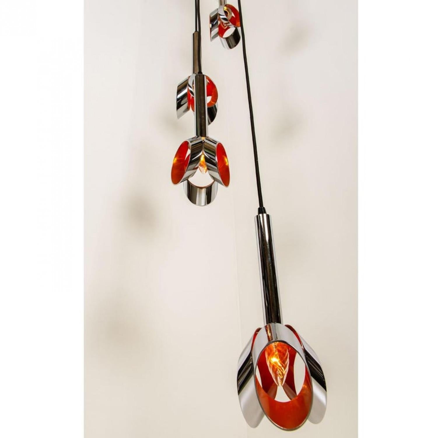 Cascade Fixture with Six Chrome and Orange Pendants in RAAK Style, 1970s For Sale 2