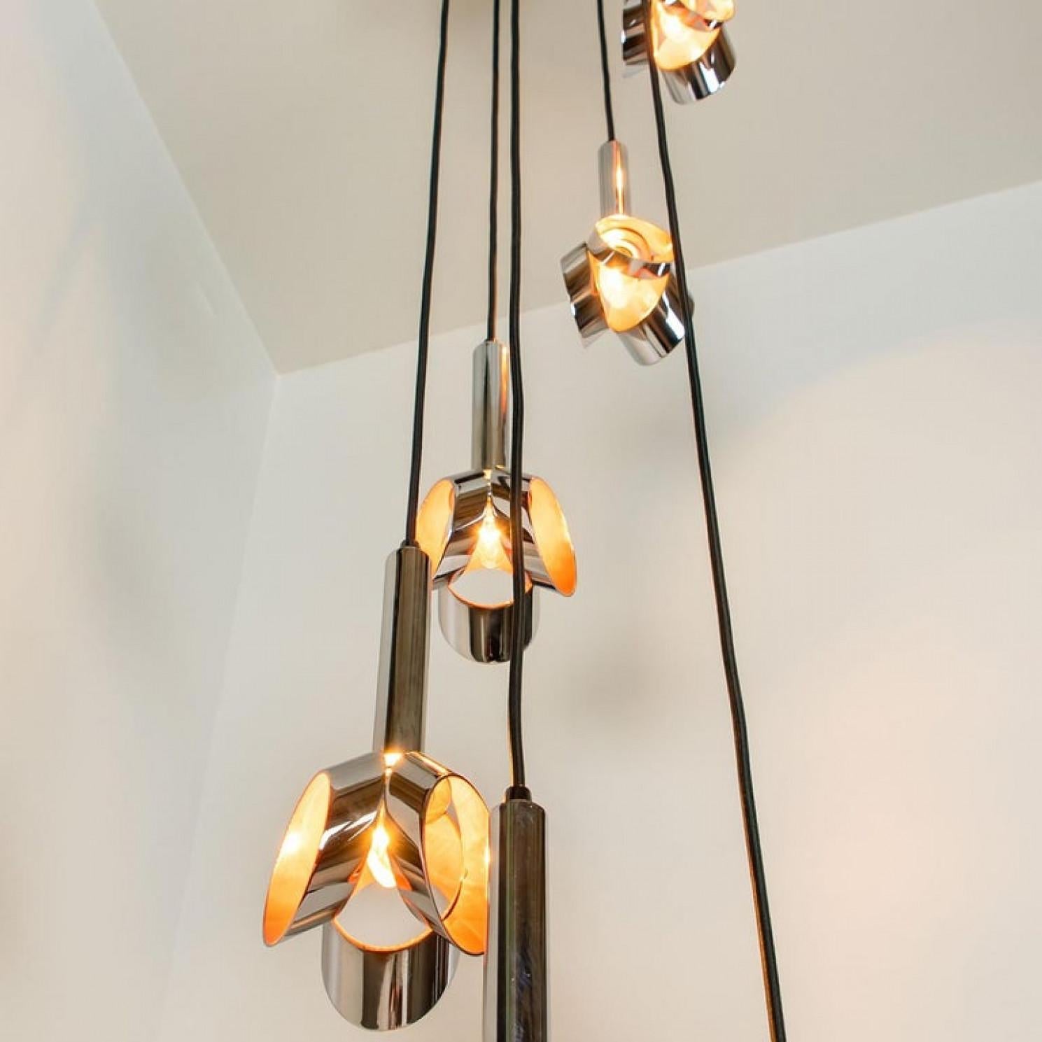 Cascade Fixture with Six Chrome and Orange Pendants in RAAK Style, 1970s For Sale 4