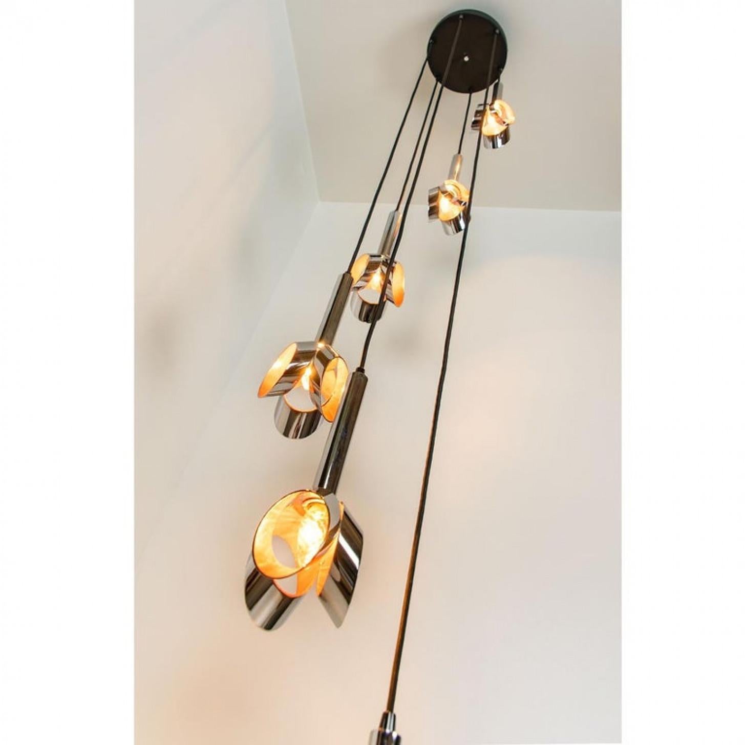Cascade Fixture with Six Chrome and Orange Pendants in RAAK Style, 1970s For Sale 7