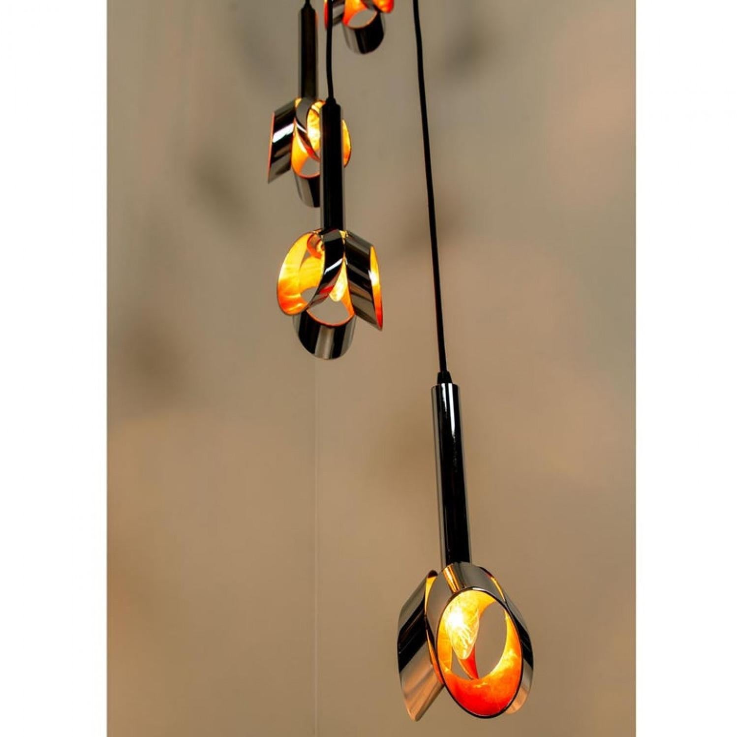 Cascade Fixture with Six Chrome and Orange Pendants in RAAK Style, 1970s For Sale 9