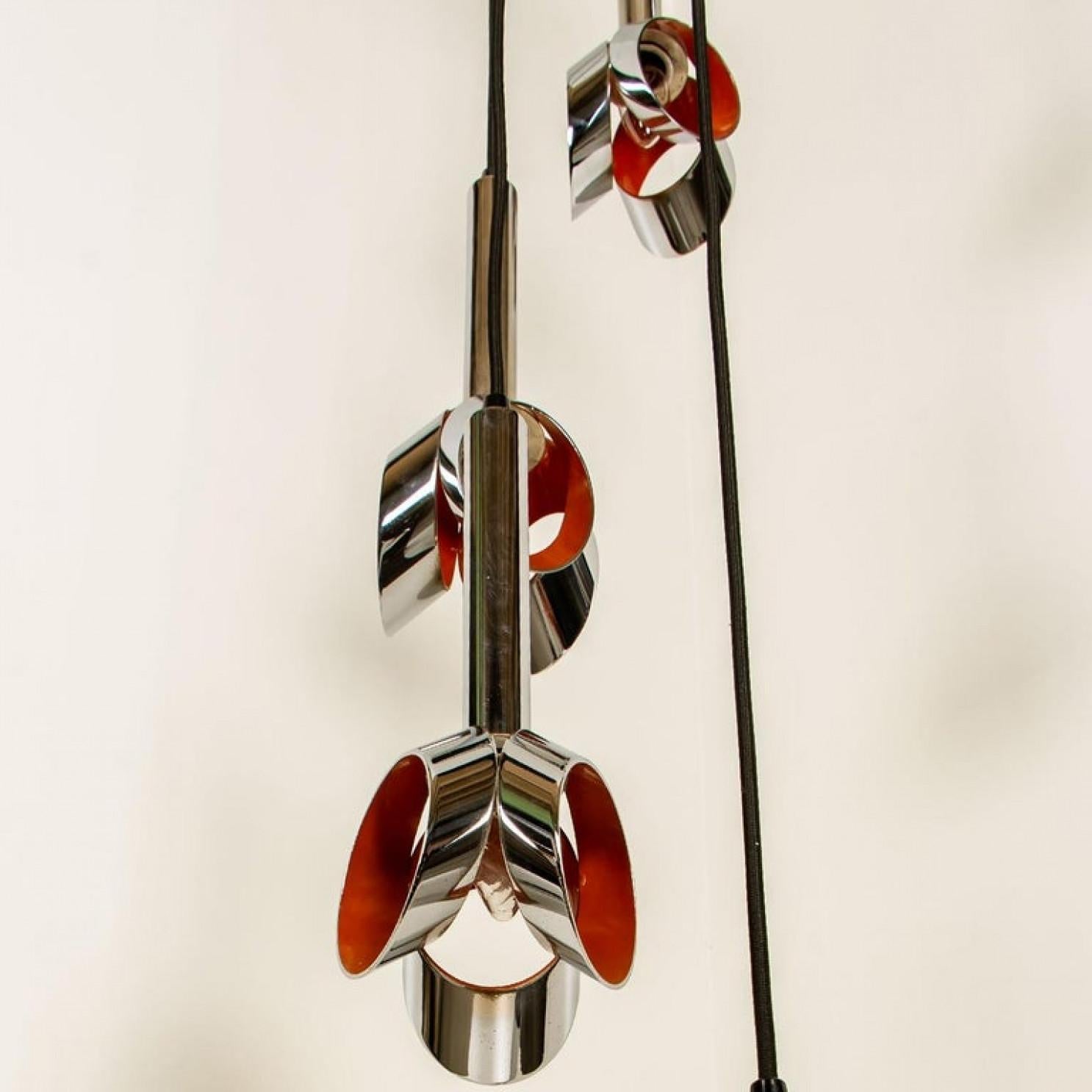 Mid-Century Modern Cascade Fixture with Six Chrome and Orange Pendants in RAAK Style, 1970s For Sale