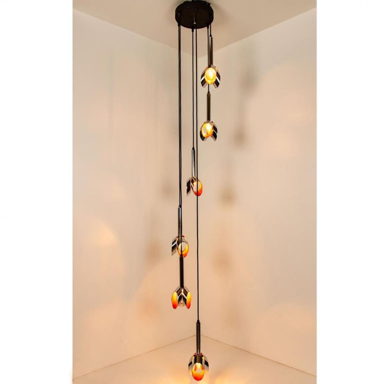 Other Cascade Fixture with Six Chrome and Orange Pendants in RAAK Style, 1970s For Sale