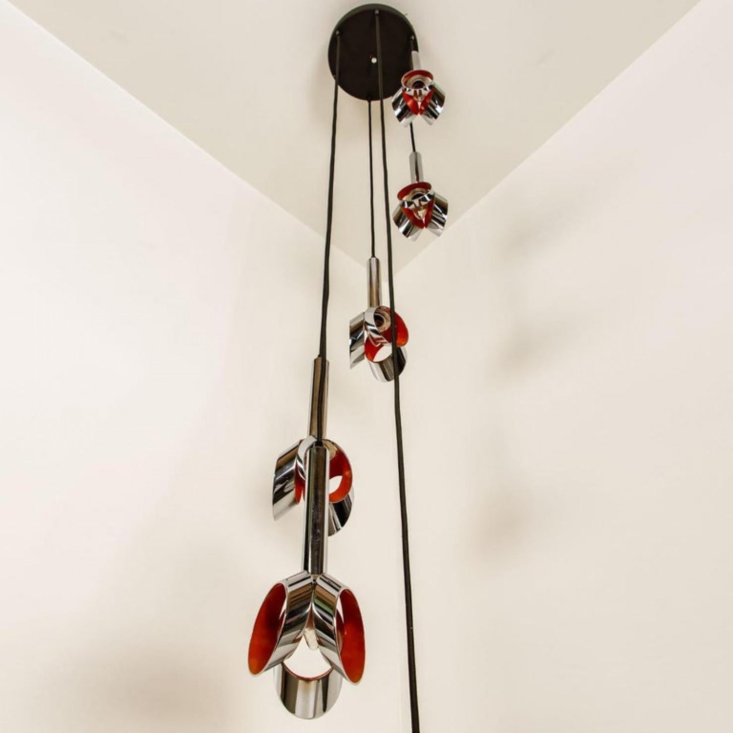 Steel Cascade Fixture with Six Chrome and Orange Pendants in RAAK Style, 1970s For Sale