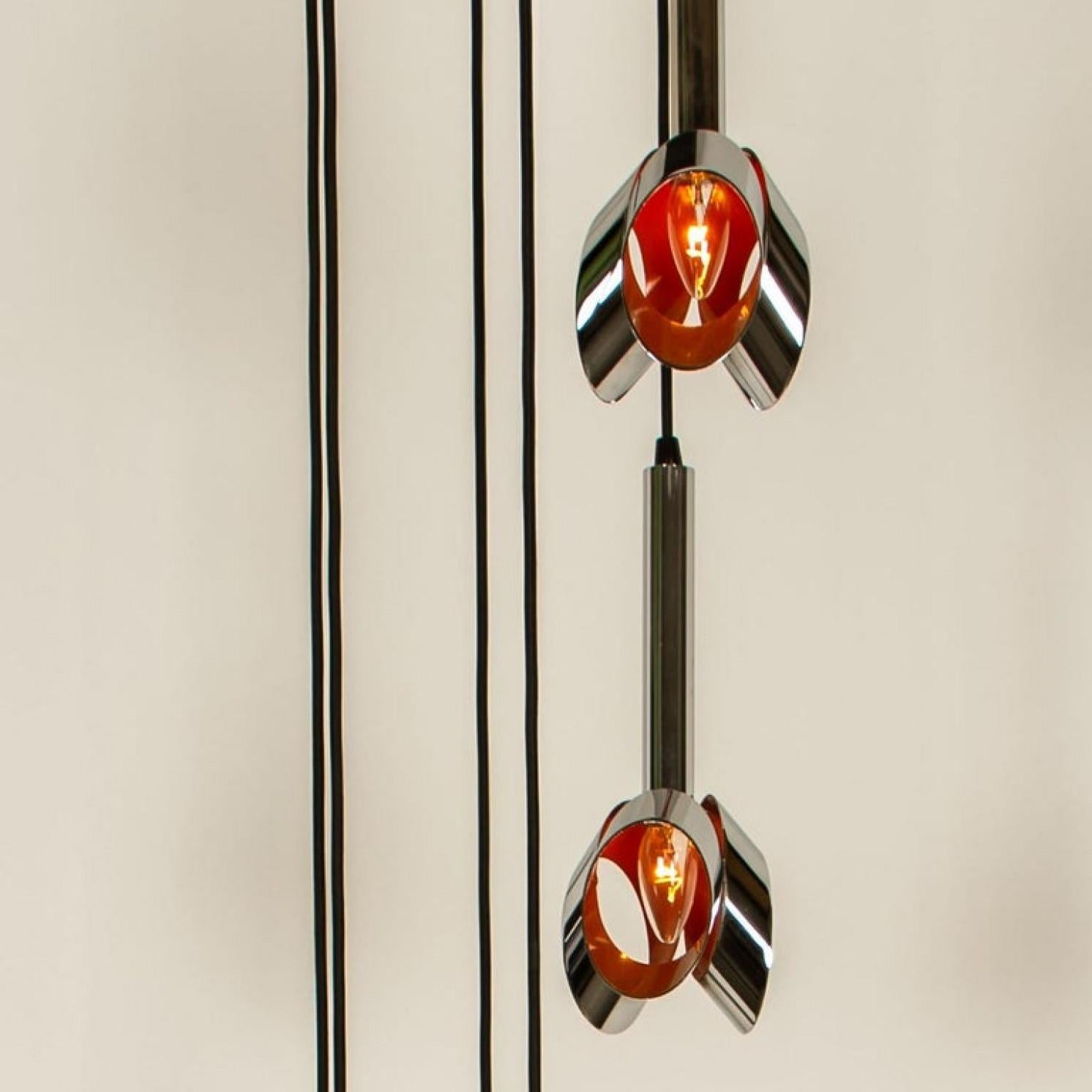 Cascade Fixture with Six Chrome and Orange Pendants in RAAK Style, 1970s For Sale 1