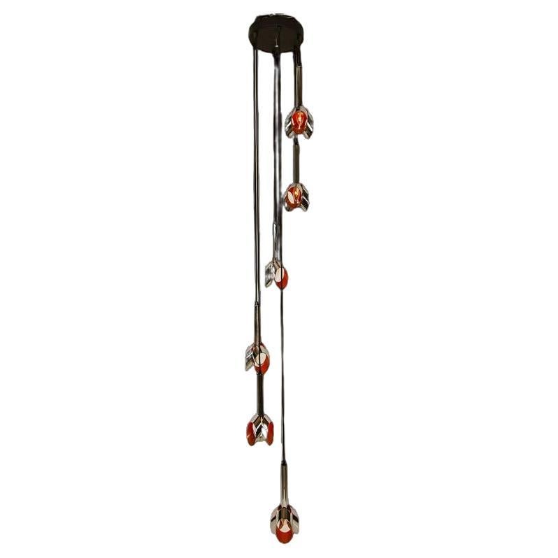 Cascade Fixture with Six Chrome and Orange Pendants in RAAK Style, 1970s For Sale