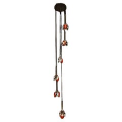Vintage Cascade Fixture with Six Chrome and Orange Pendants in RAAK Style, 1970s