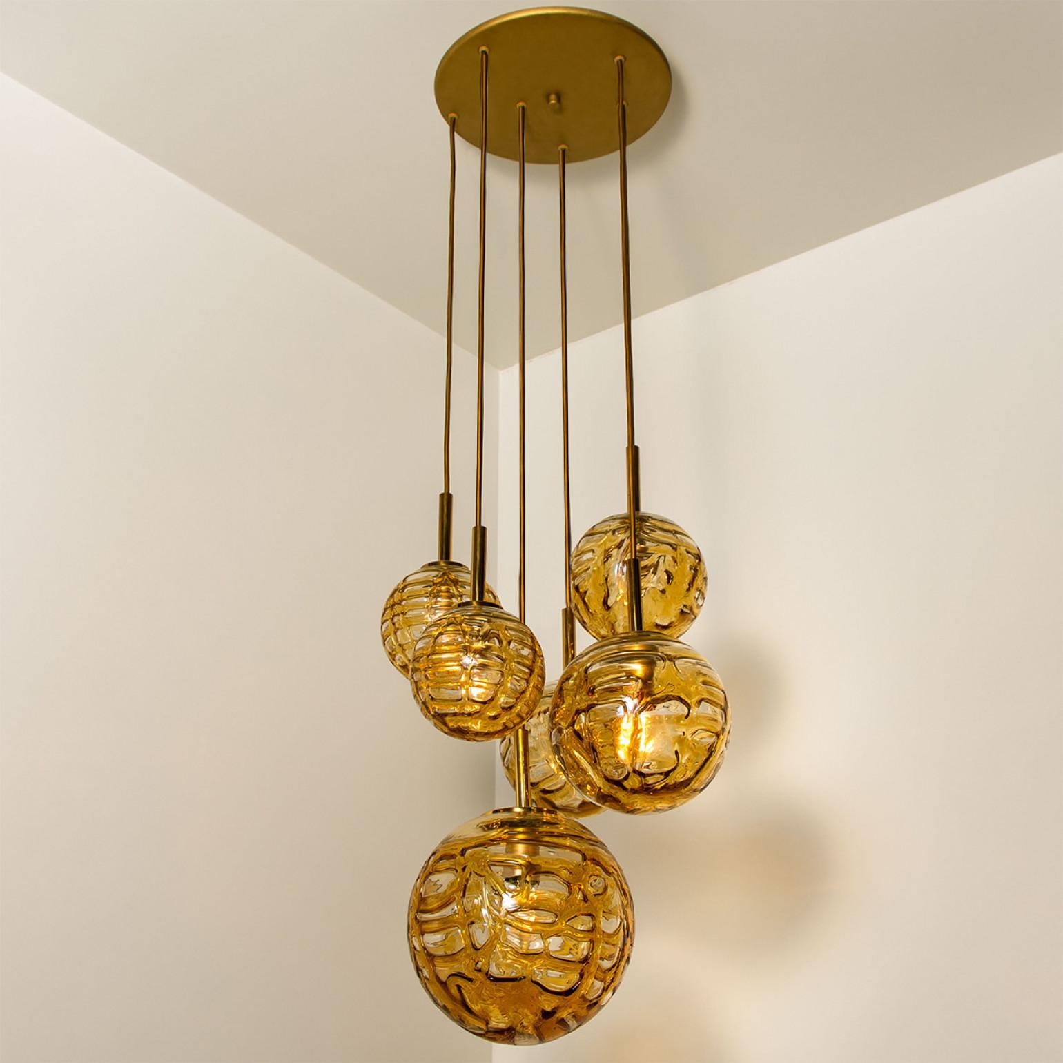 Brass Cascade Fixture with Six Yellow Murano Glass Globes, 1960s For Sale