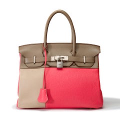 Birkin 30 di Hermes a cascata in pelle rosa Jaïpur, etoupe & Argile, BPHW