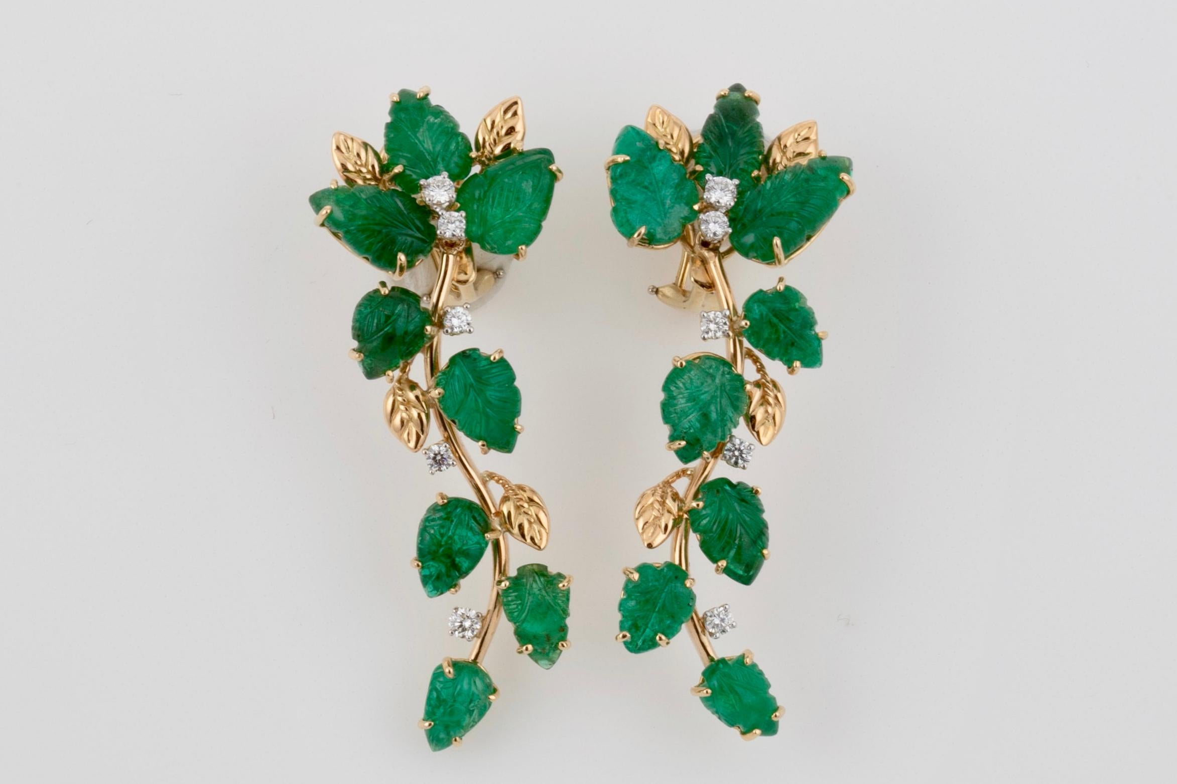 Round Cut Cascade of Emerald Leaves with Diamonds 18 Karat Earrings by John Landrum Bryant For Sale
