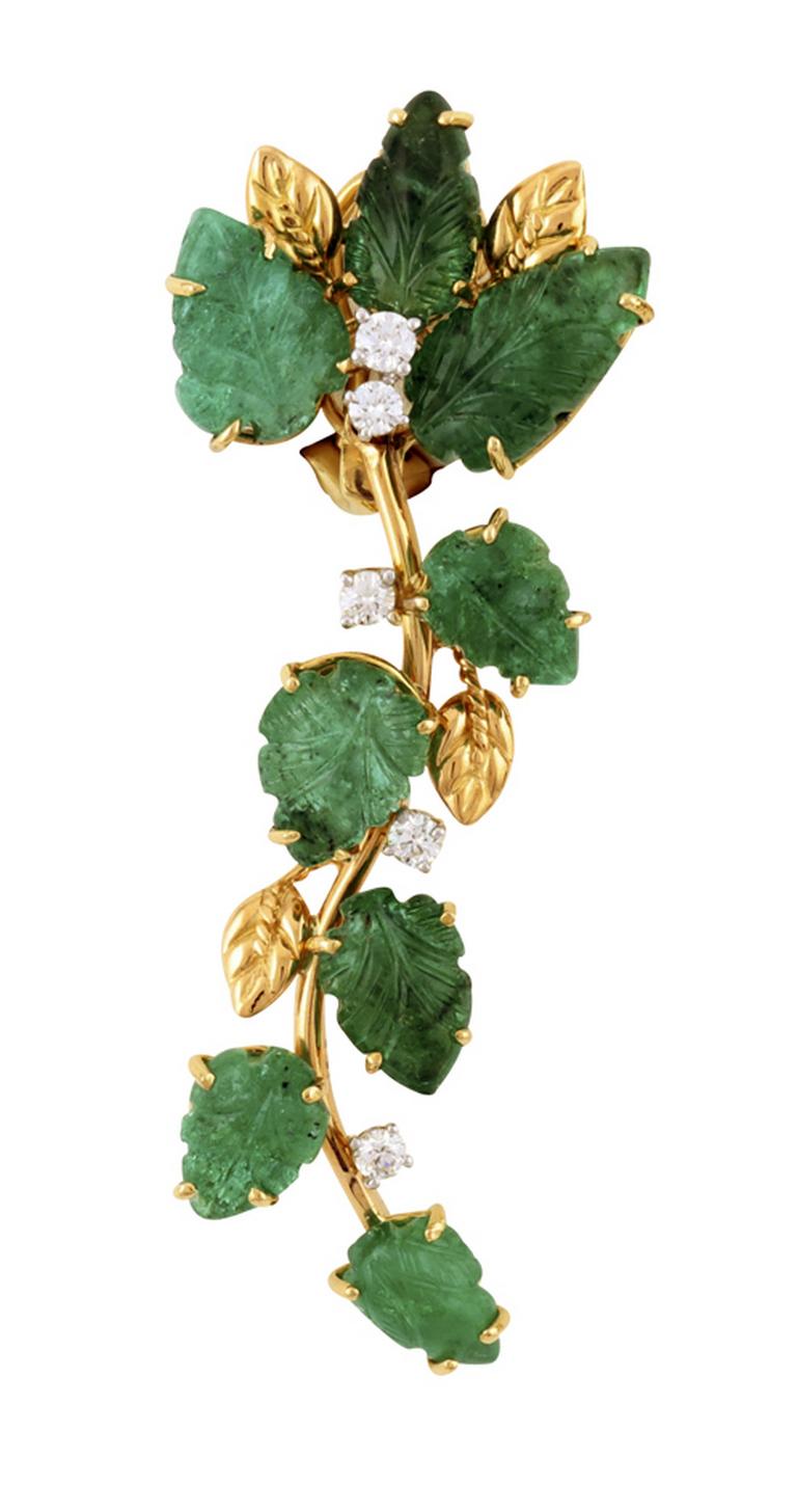 Cascade of Emerald Leaves with Diamonds 18 Karat Earrings by John Landrum Bryant In New Condition For Sale In New York, NY