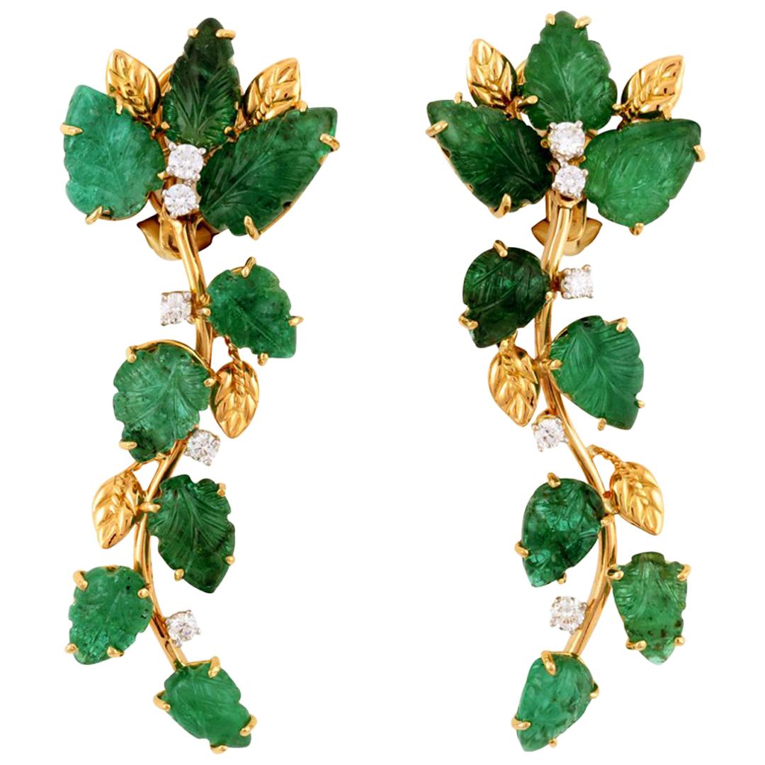 Cascade of Emerald Leaves with Diamonds 18 Karat Earrings by John Landrum Bryant For Sale