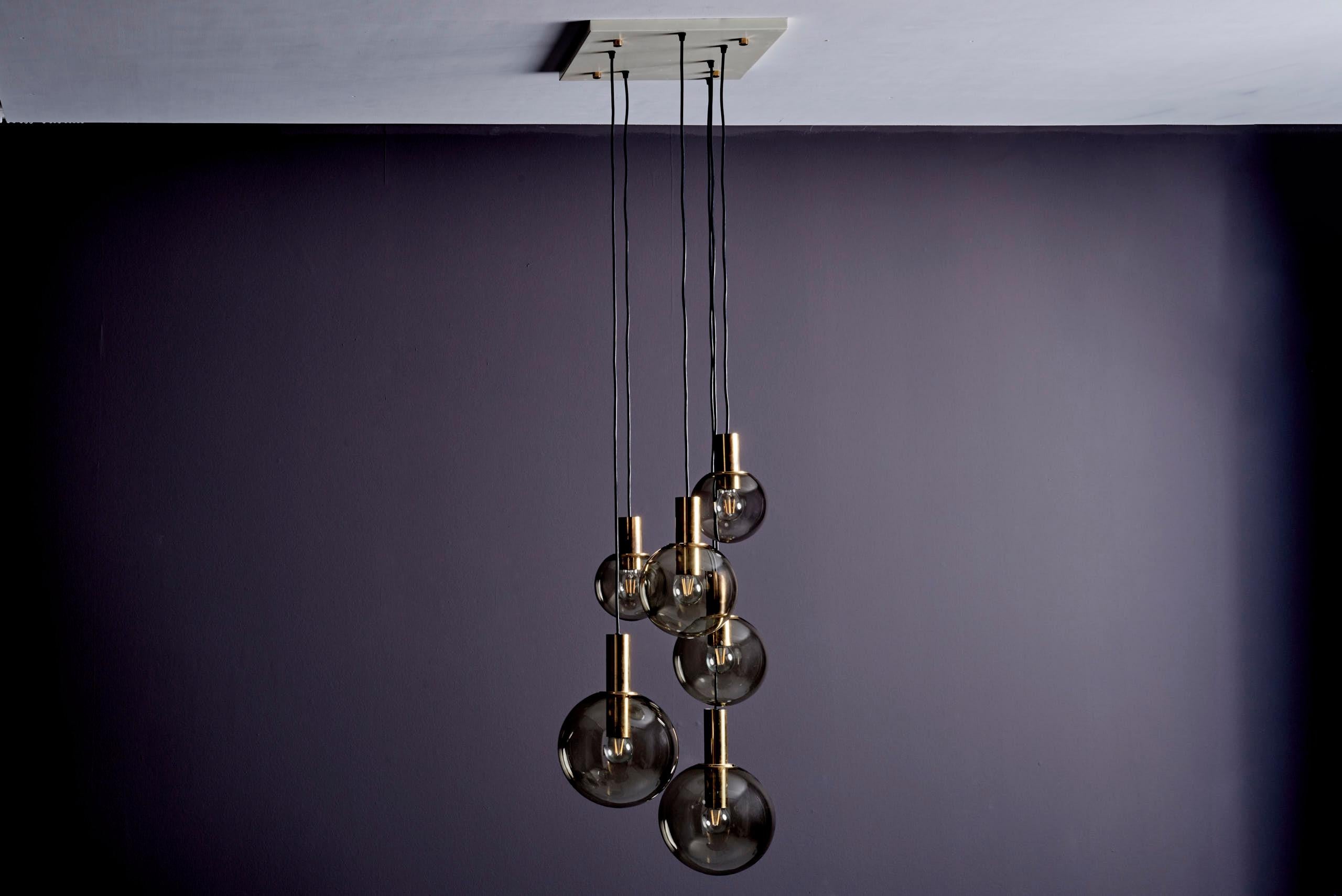 Mid-Century Modern Cascade pendant with six globes by Glashütte Limburg For Sale