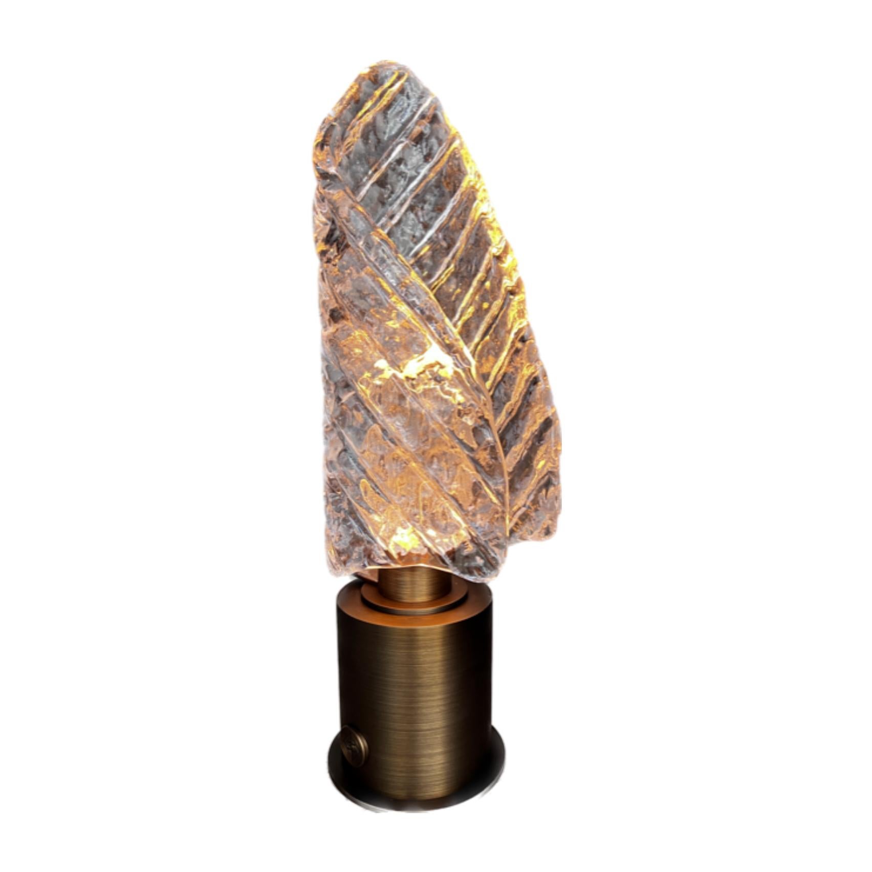a sculptural portable lamp that captures the meandering profile of cascading landscape. the piece is highlighted with its hand-folded caste glass and a distinct form.

Description: portable USB table lamp LED, rechargeable
Color: crystal and