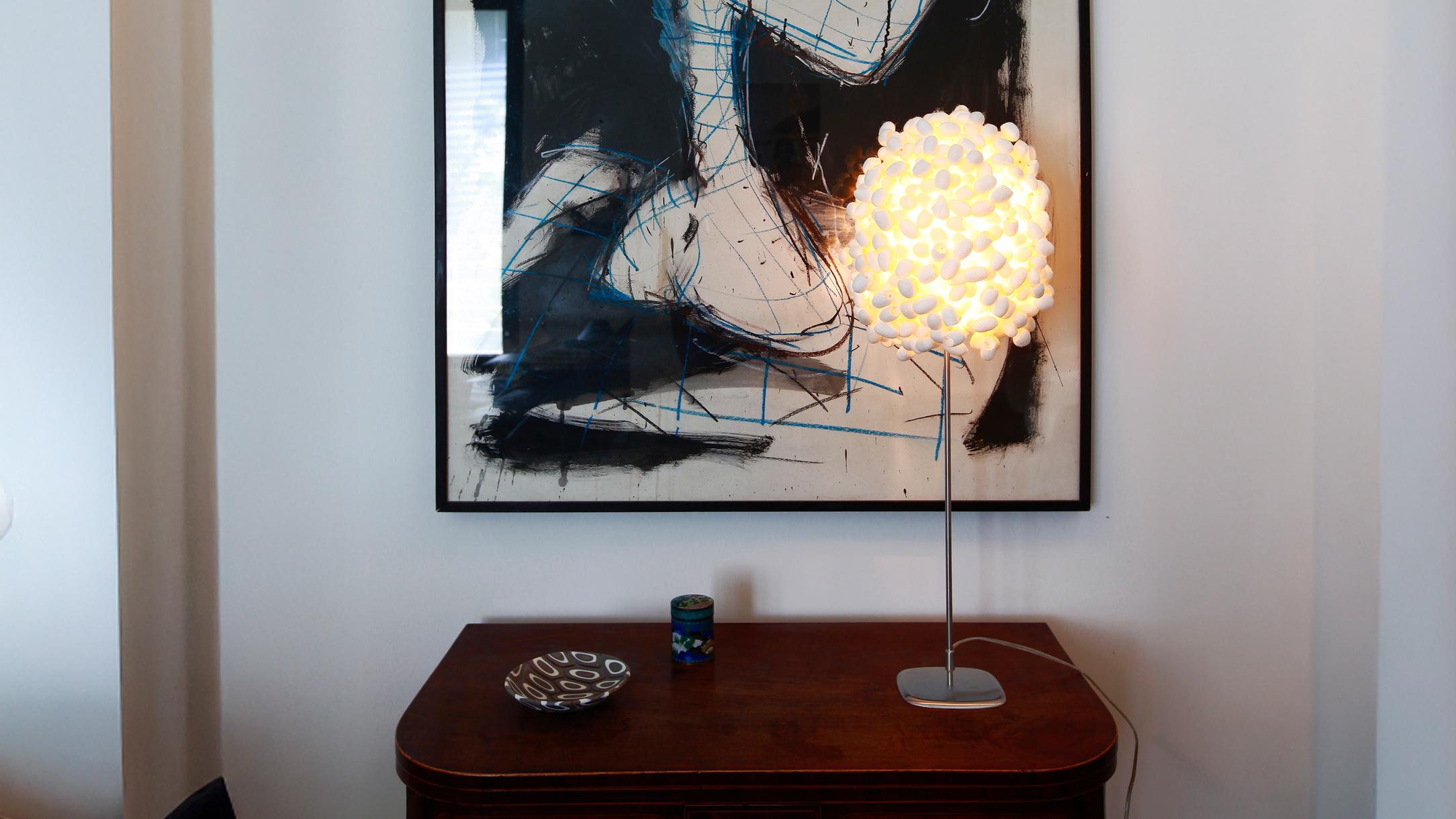 Contemporary Cascadence 'Table' by Ango, Handcrafted Silk Cocoon Table Lamp For Sale
