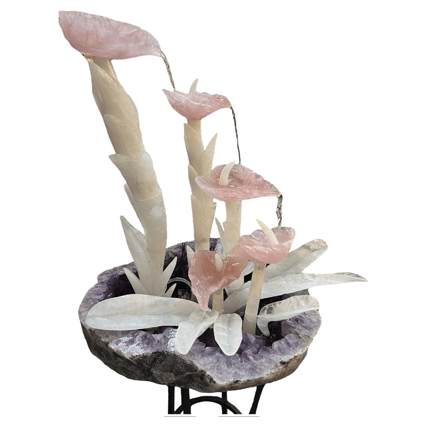 Cascading Amethyst, Rose Quartz & Rock Crystal Fountain For Sale