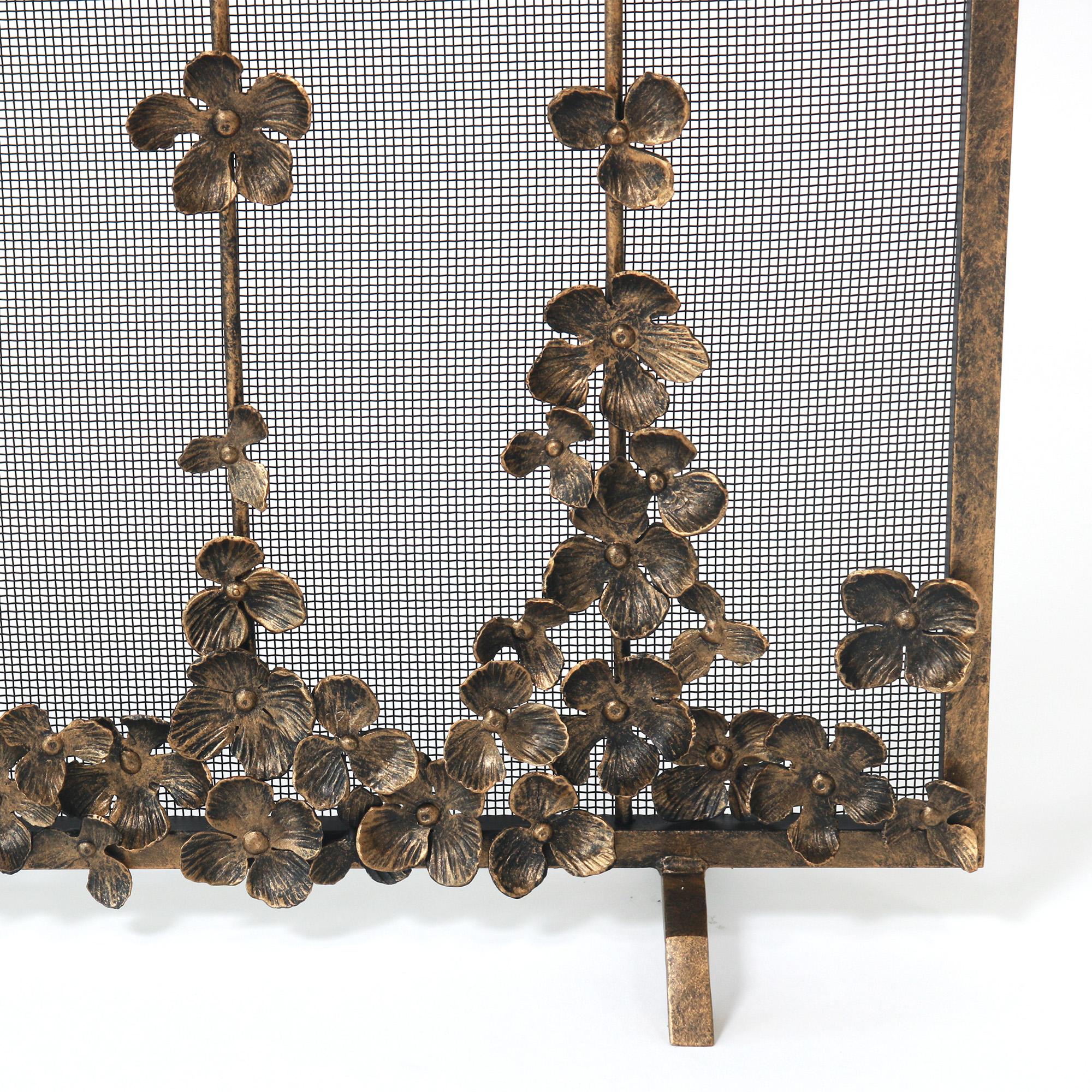 Iron Cascading Blooms Fireplace Screen in Aged Gold  For Sale