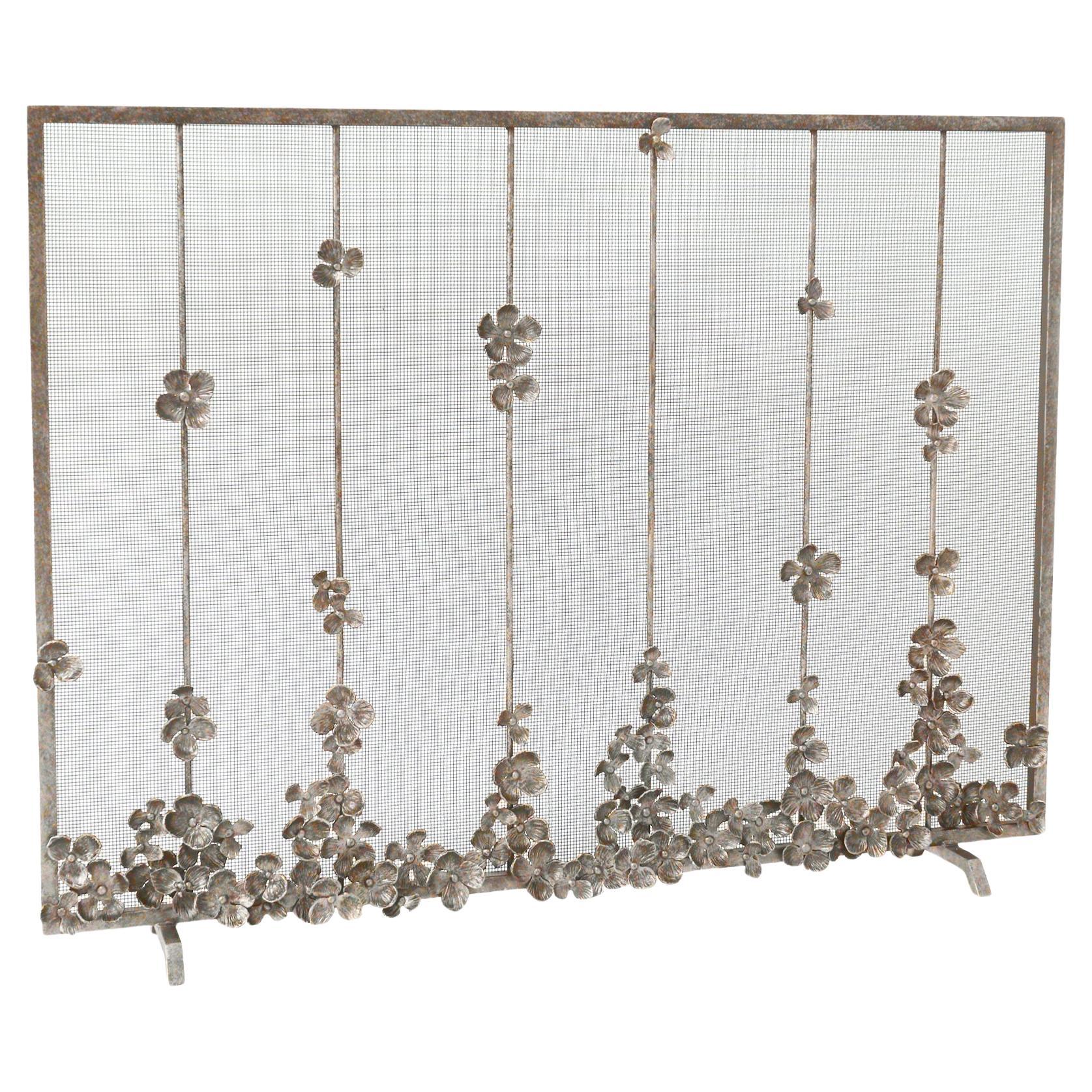 Cascading Blooms Fireplace Screen in Aged Silver  For Sale