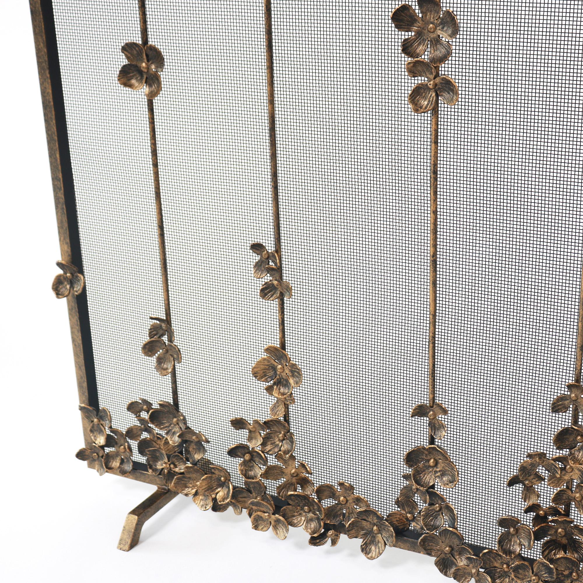 Iron Cascading Blooms Fireplace Screen in Brilliant Gold  For Sale