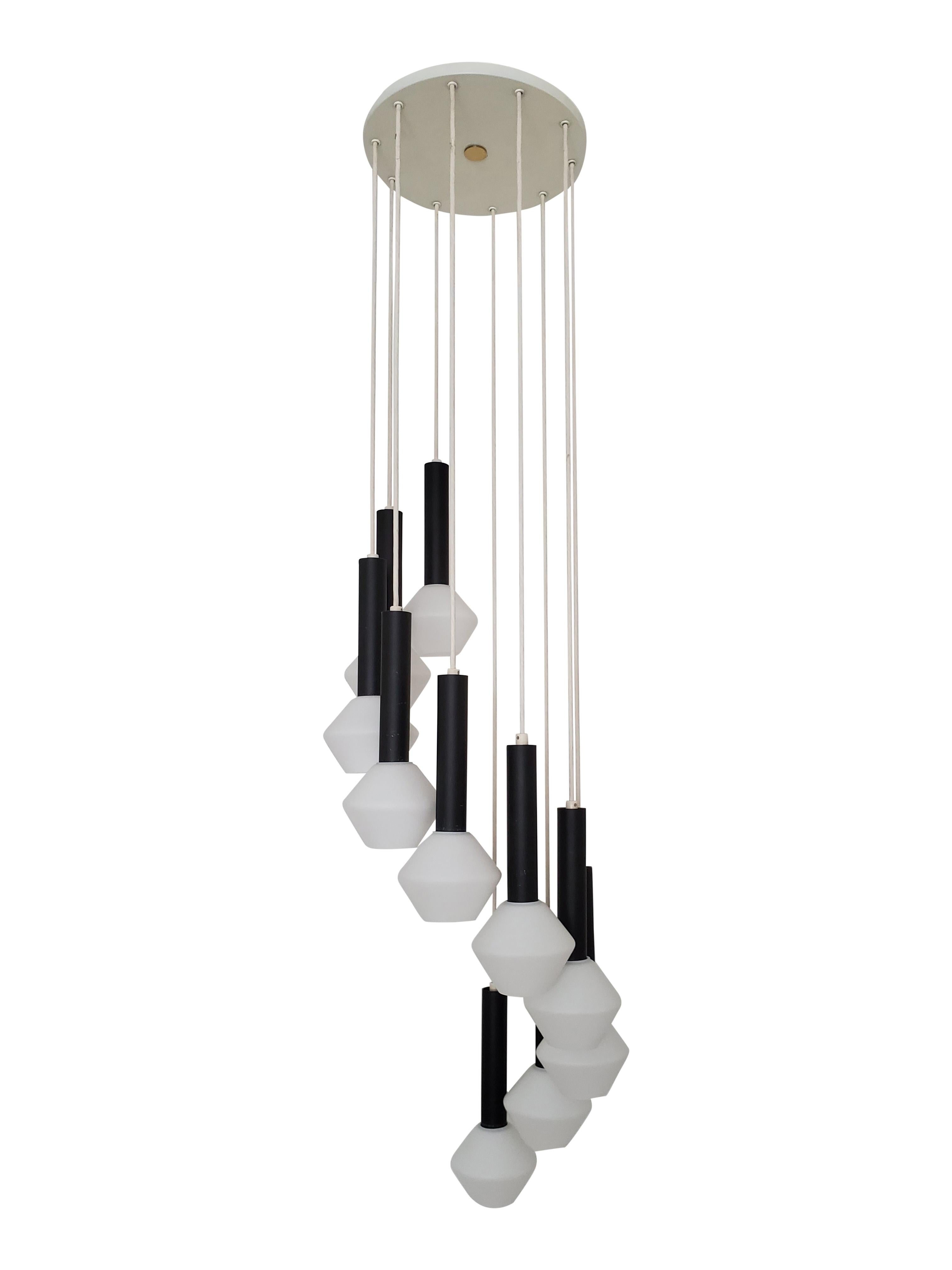 Cascading chandalier by Tapio Wirkkala for Oy Airam AB, Finland 

Pendant heights can be adjusted.
