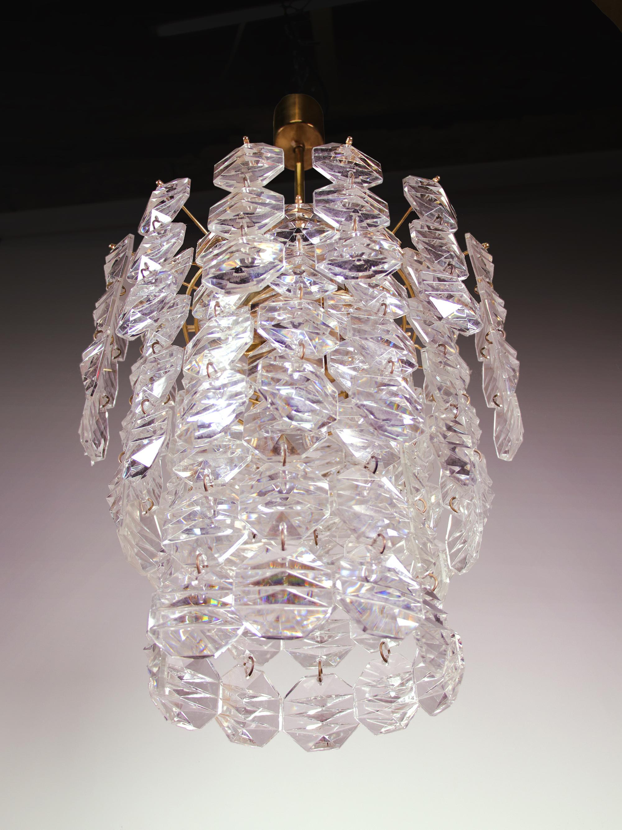 Mid-Century Modern 1960 Germany Kinkeldey Cascade Chandelier Faceted Crystal Prisms & Brass For Sale