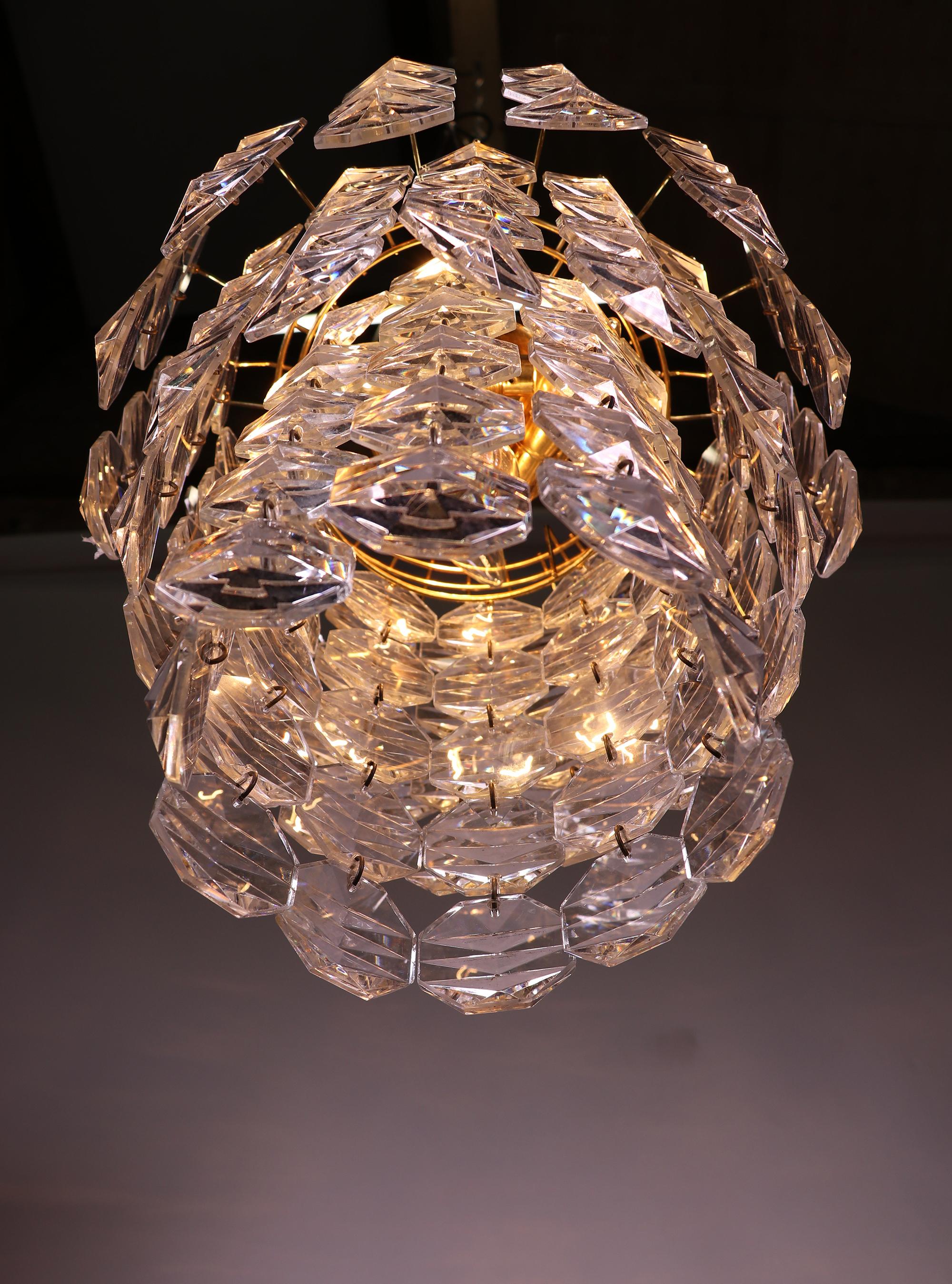 Mid-20th Century 1960 Germany Kinkeldey Cascade Chandelier Faceted Crystal Prisms & Brass For Sale
