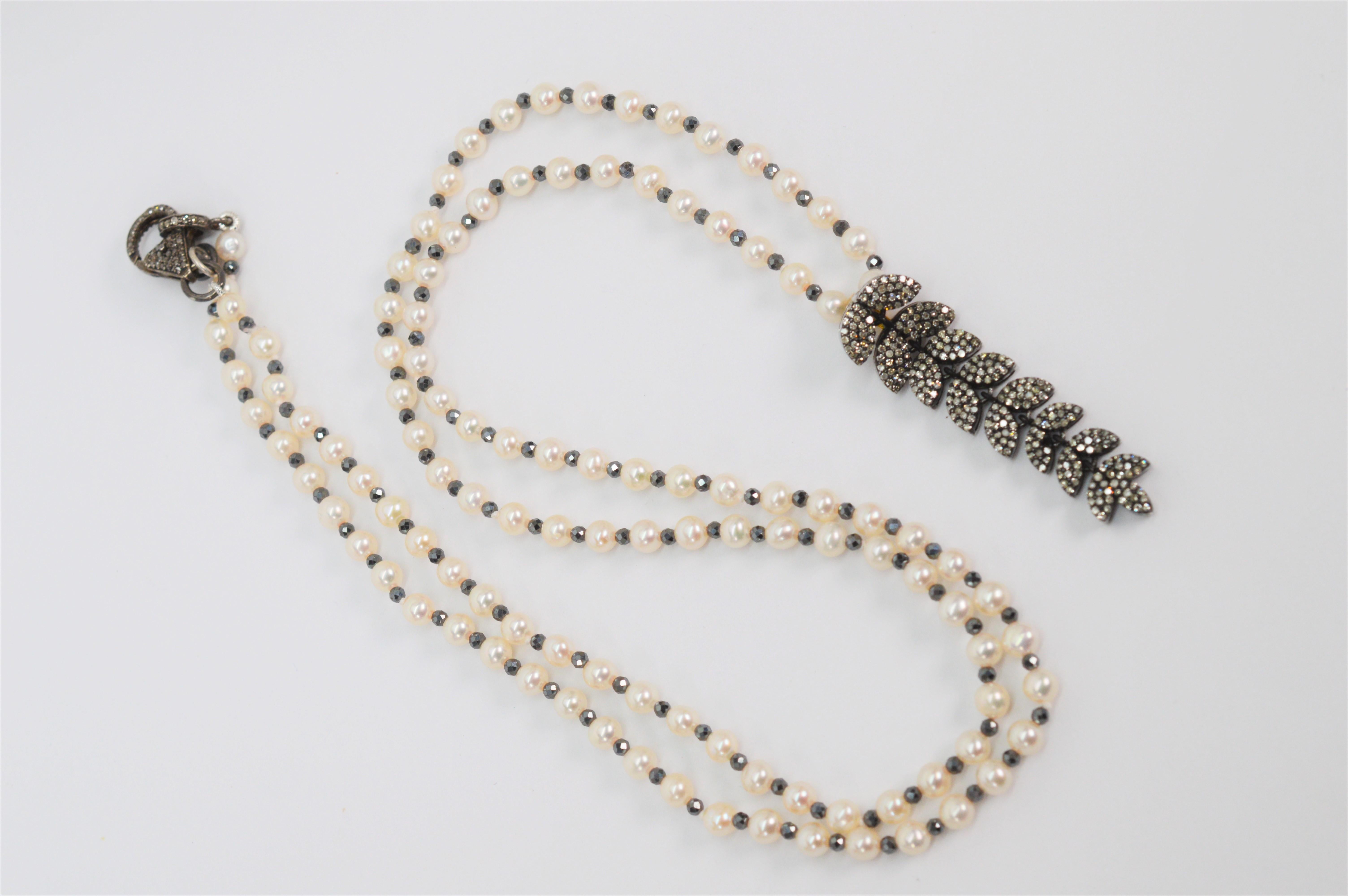 Artisan Cascading Diamond Silver Pendant Pearl Necklace For Sale