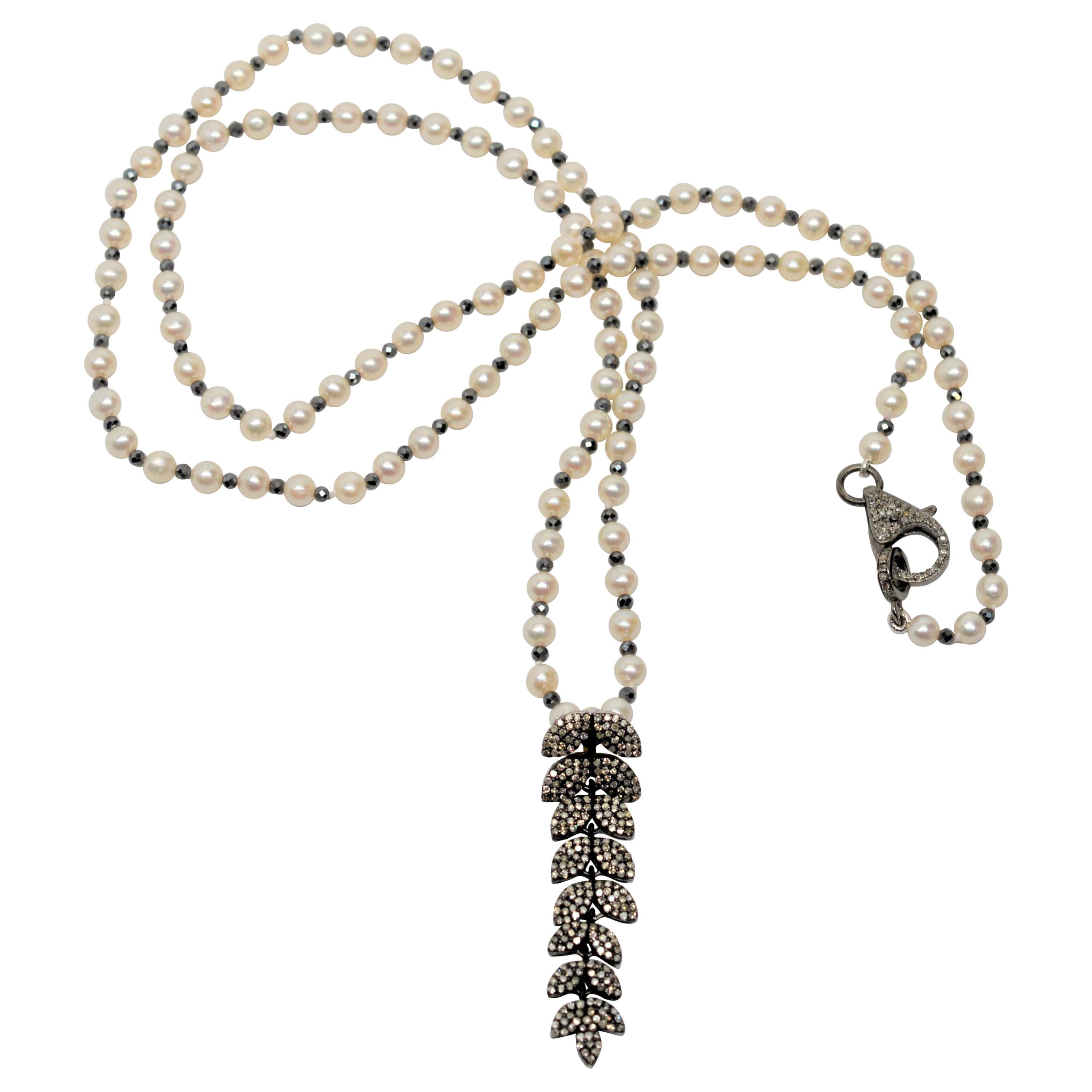 Artisan Silver Diamond Medallion Pendant Pearl Chain Necklace For Sale ...
