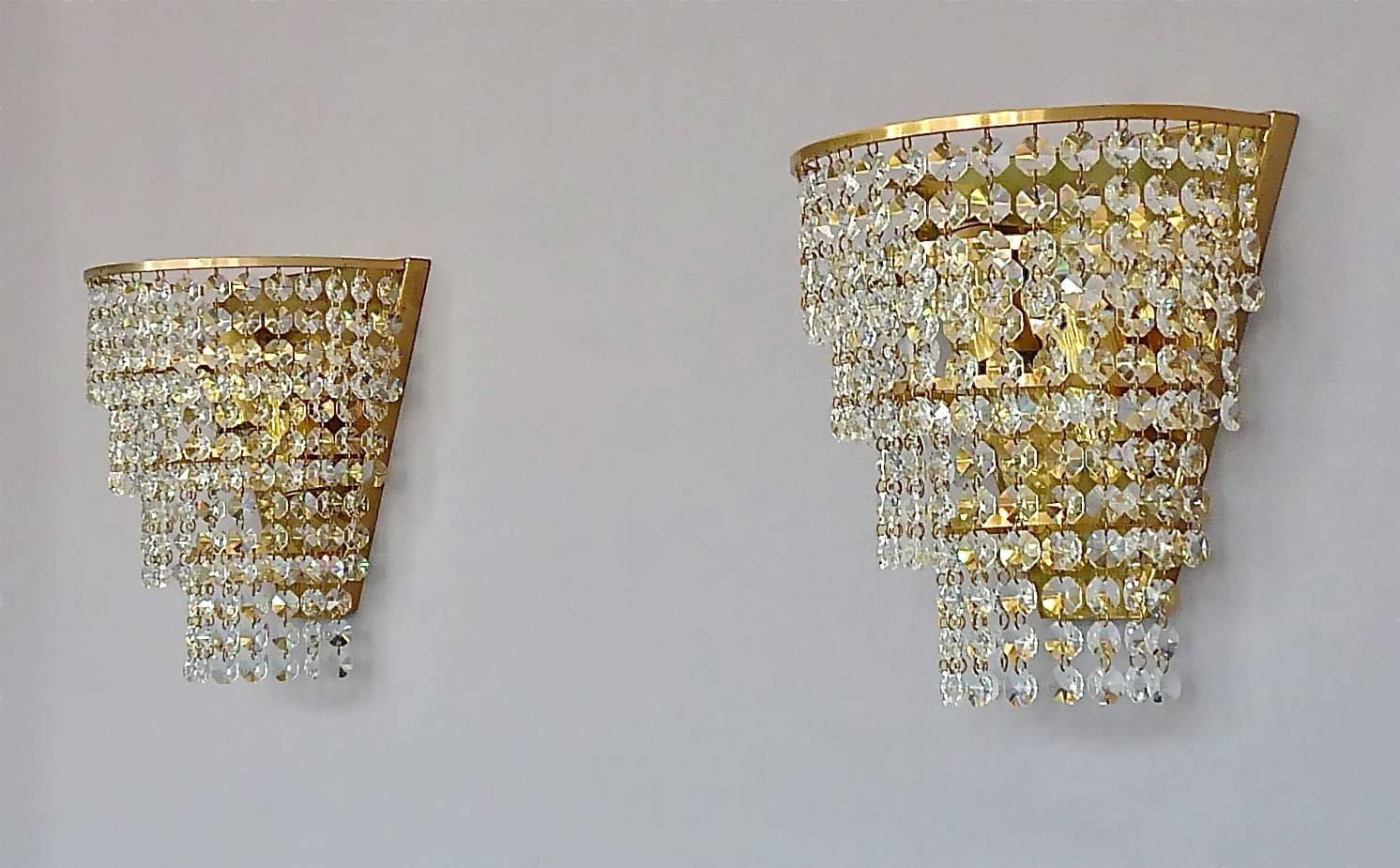 Pair Palwa Sconces Faceted Crystal Glass Brass Cascading Waterfall Wall Lights For Sale 1