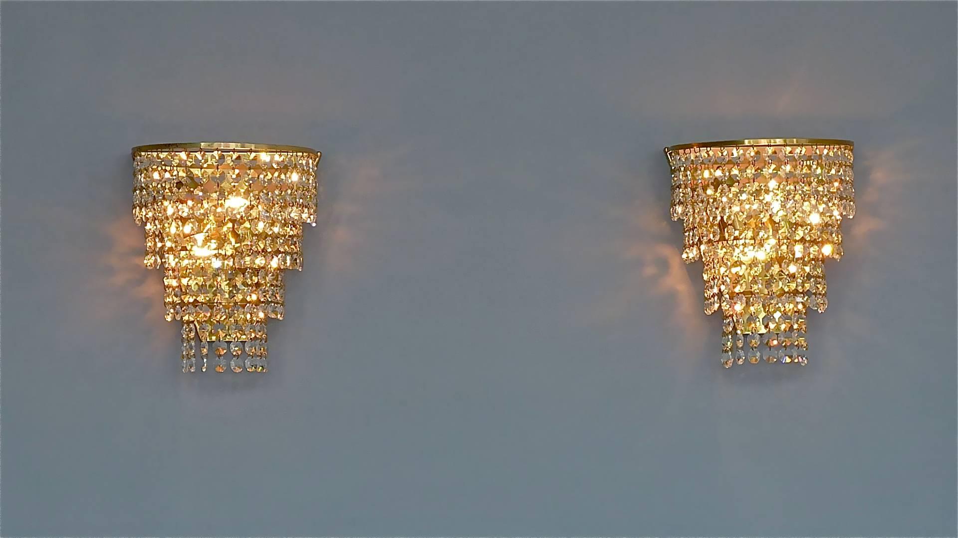 Pair Palwa Sconces Faceted Crystal Glass Brass Cascading Waterfall Wall Lights For Sale 2