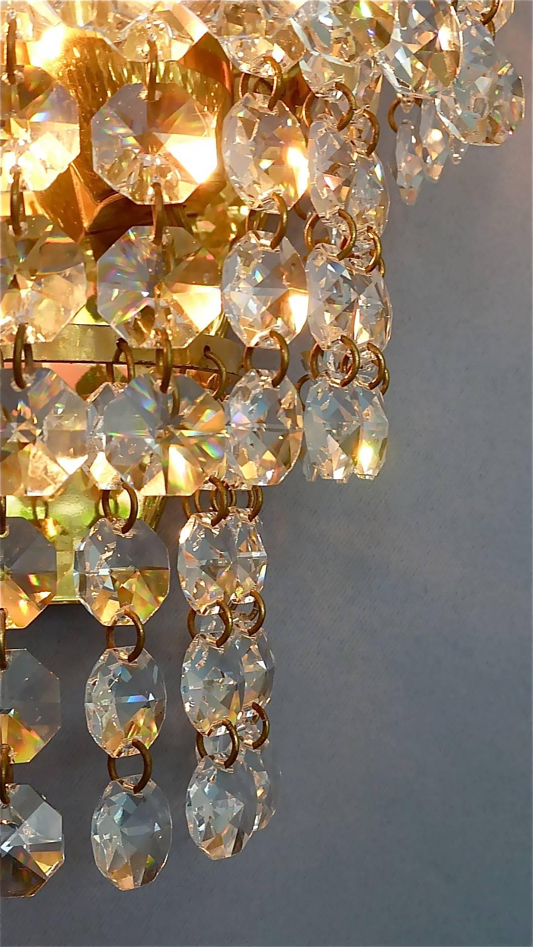 Pair Palwa Sconces Faceted Crystal Glass Brass Cascading Waterfall Wall Lights For Sale 4