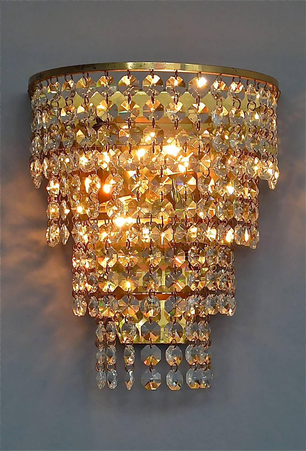 Pair Palwa Sconces Faceted Crystal Glass Brass Cascading Waterfall Wall Lights For Sale 5